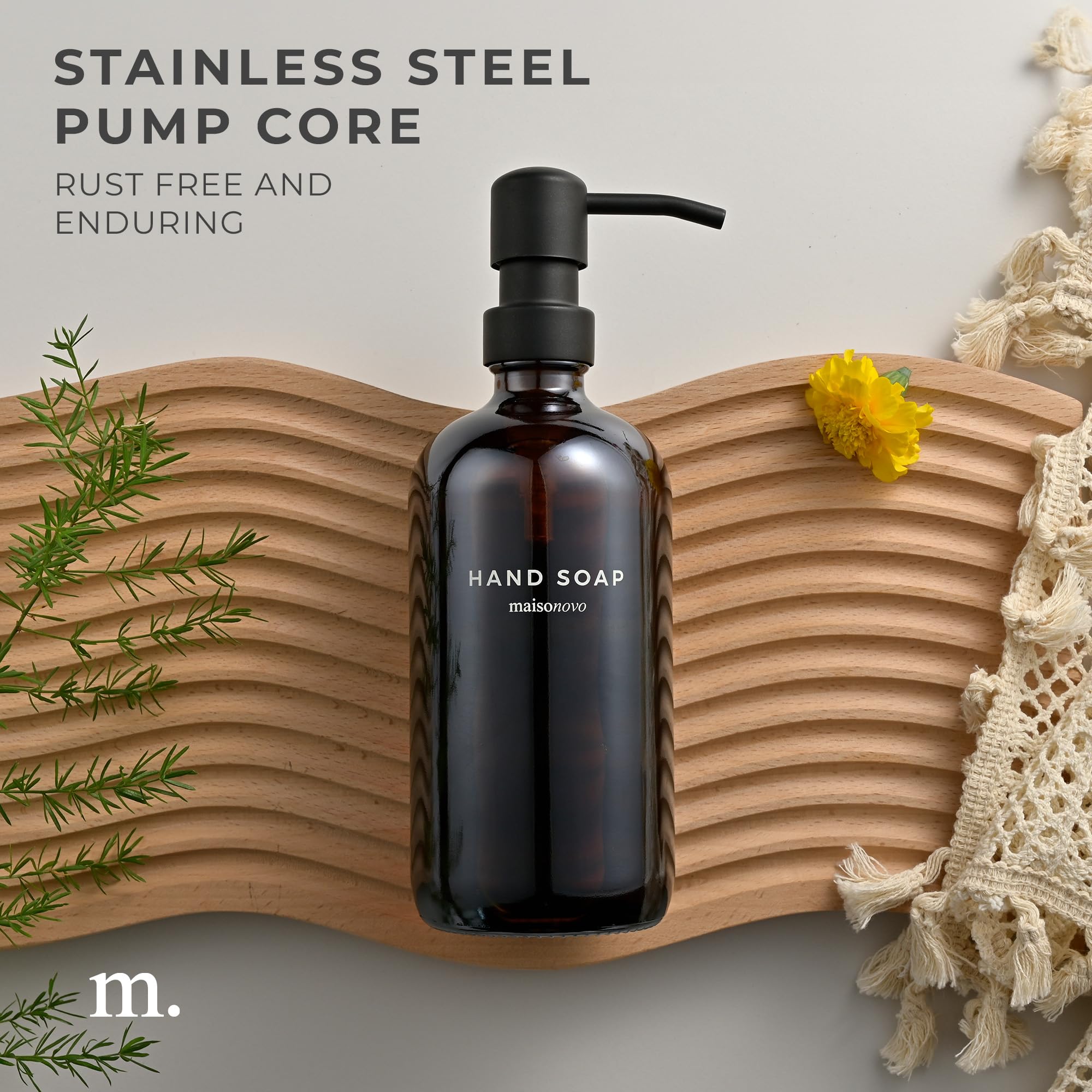 Maisonovo Hand Soap Dispenser For Bathroom | 16.9 Fl Oz Amber Glass Black Pump X 1