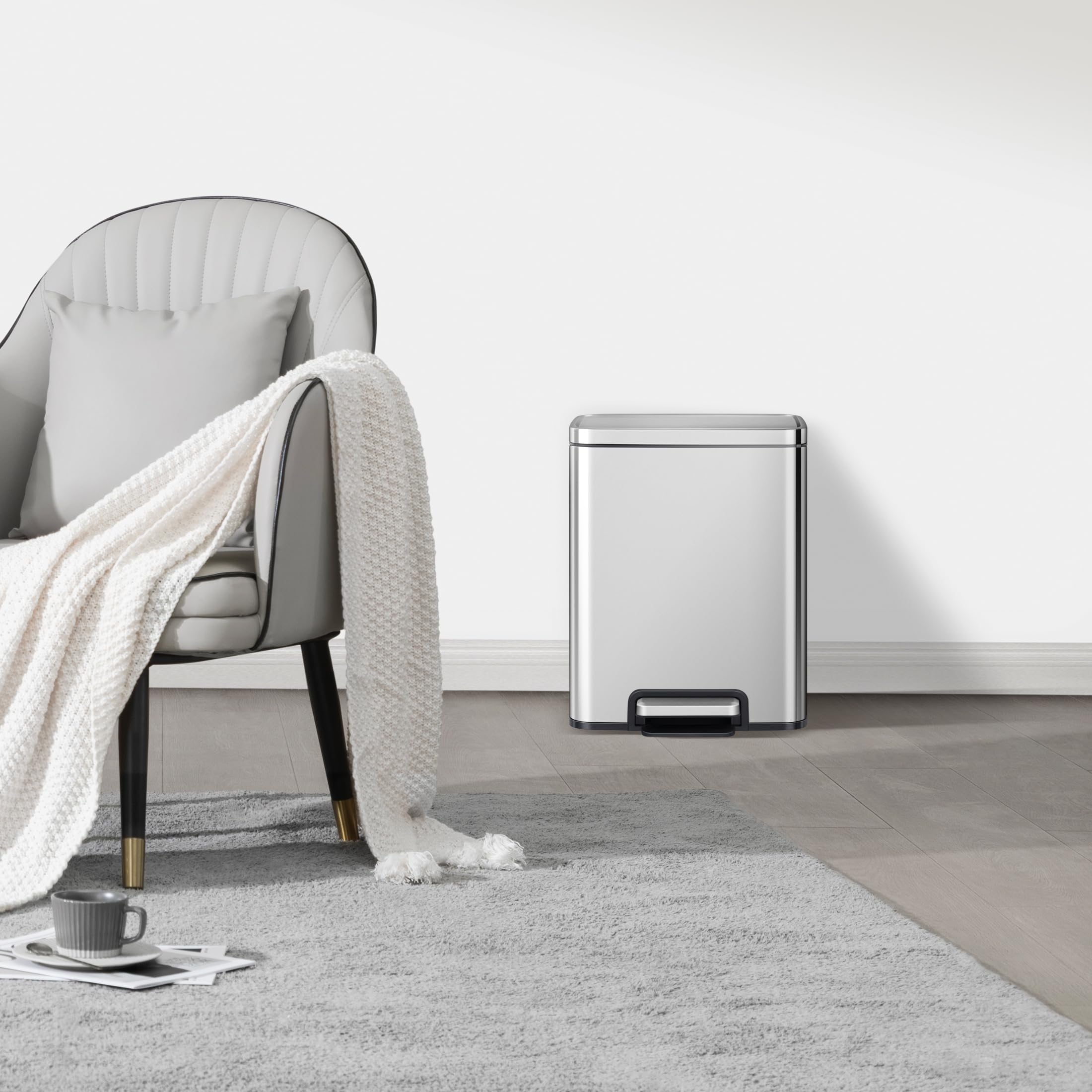 Eko Madison 12L / 3.2 Gal Bathroom Trash Can With Lid And Removable Inner Basket, Rectangular Small Step Trash Can, Brushed Stai