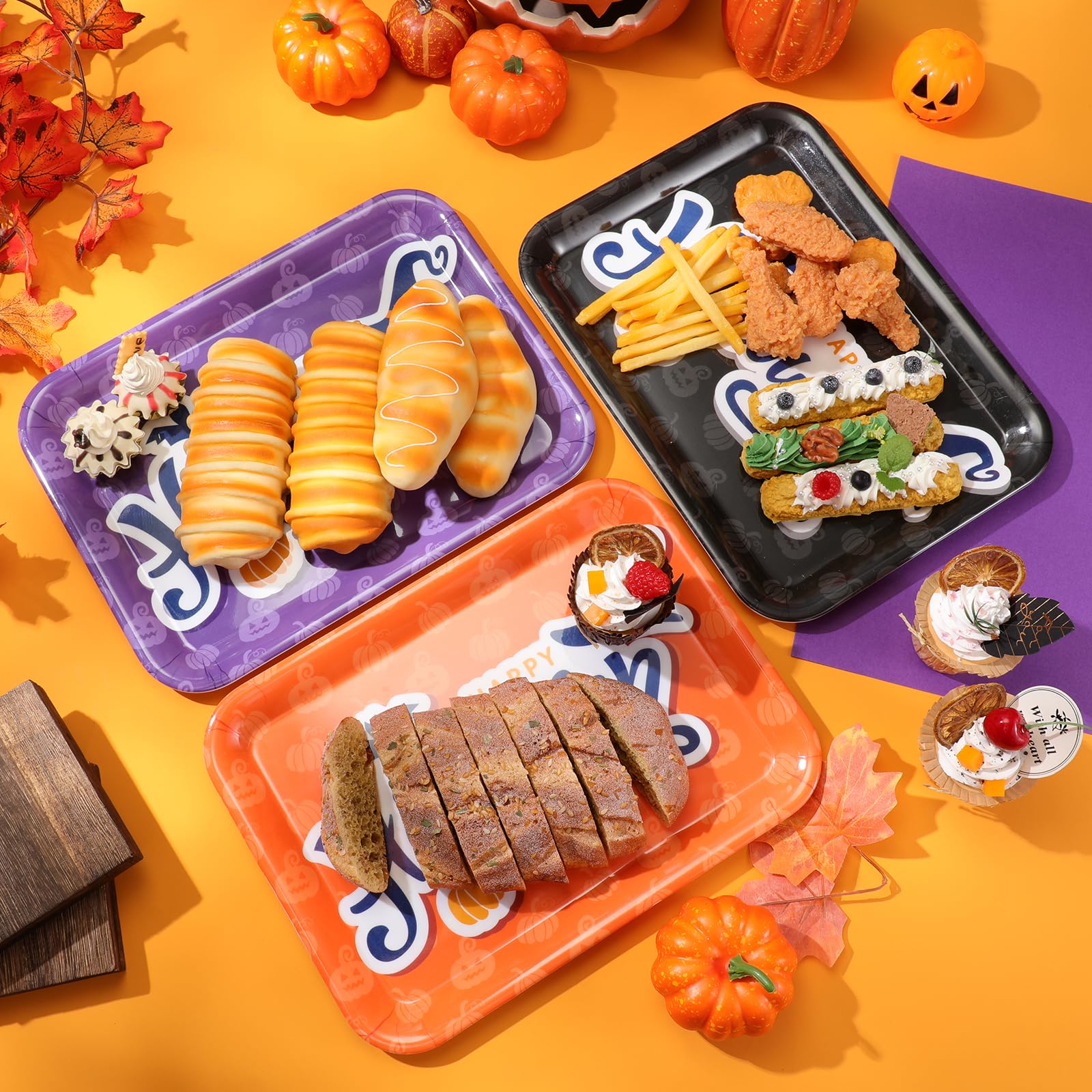 3 Pcs 13 X 10 Inch Halloween Serving Tray, Reusable Serving Dishes, Melamine Black Orange Purple Platter, Pumpkin Bat Witch Hat