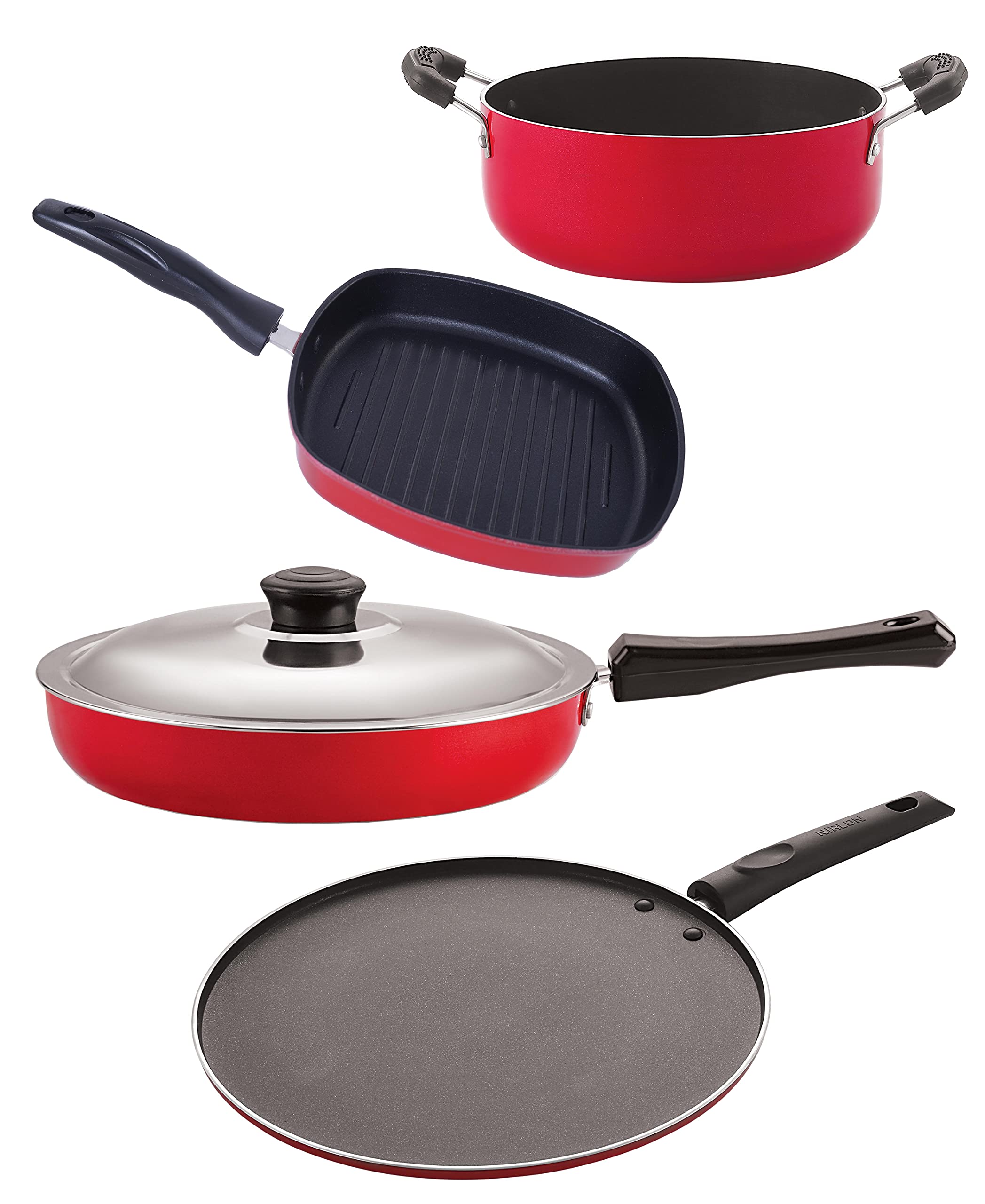 Nirlon Non Stick Cookware Kitchen Accessories For Cooking Combo Set, 4 Pieces (Fp10_St12_Gp24.5_Cs24)