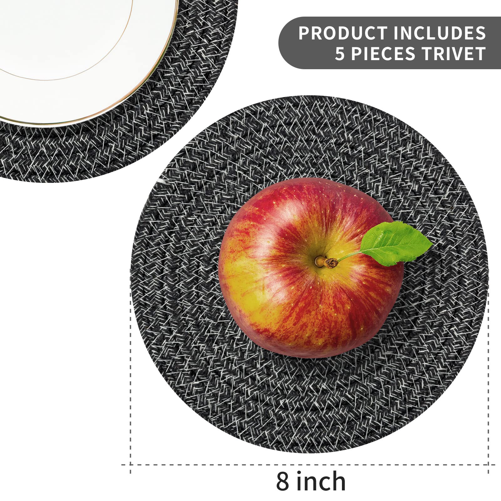 Dakartoon Cotton Trivets for Hot Dishes, 5 Pcs 8" Heat Resistant Mats, Deep Grey, Kitchen Essentials, Model KT102BRO