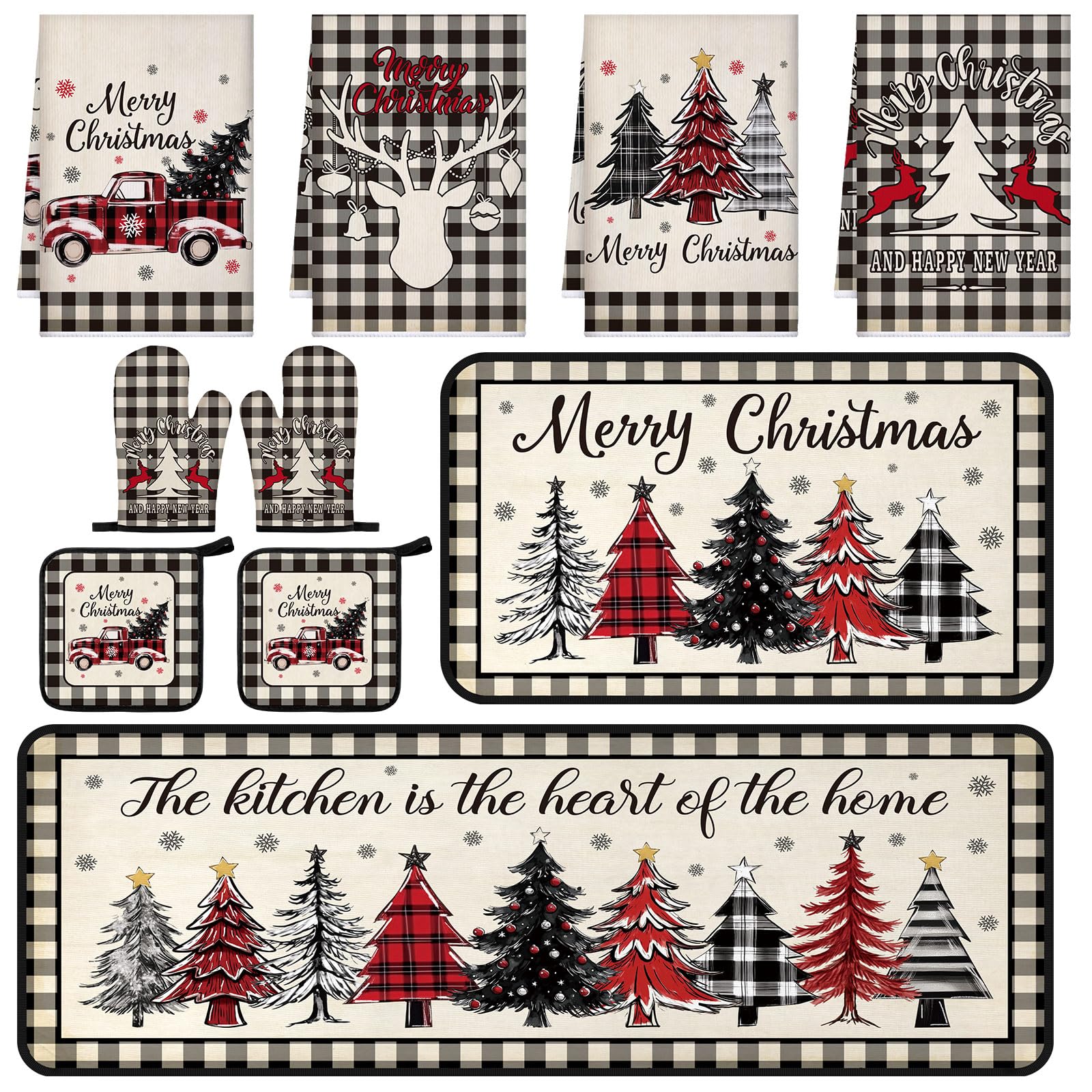 Fourluoo 10 Pcs Christmas Tree Farmhouse Kitchen Decor Set Dish Towels Kitchen Rugs Oven Mitts and Pot Holders Set for Cooking B