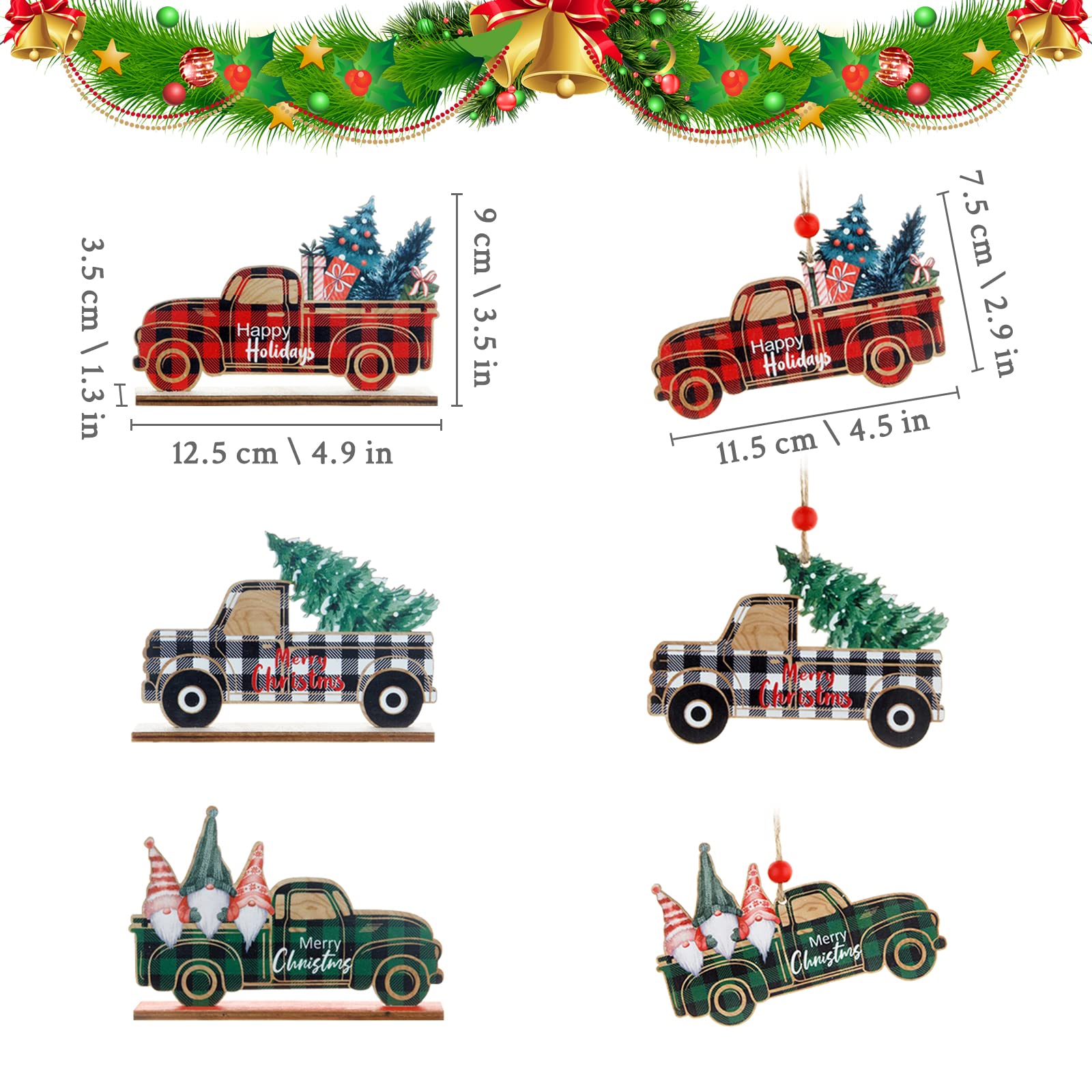 6 Pcs Wooden Christmas Truck Ornaments Vintage Red Truck Christmas Decors Christmas Tree Hanging Ornaments with Bead Wooden Hang