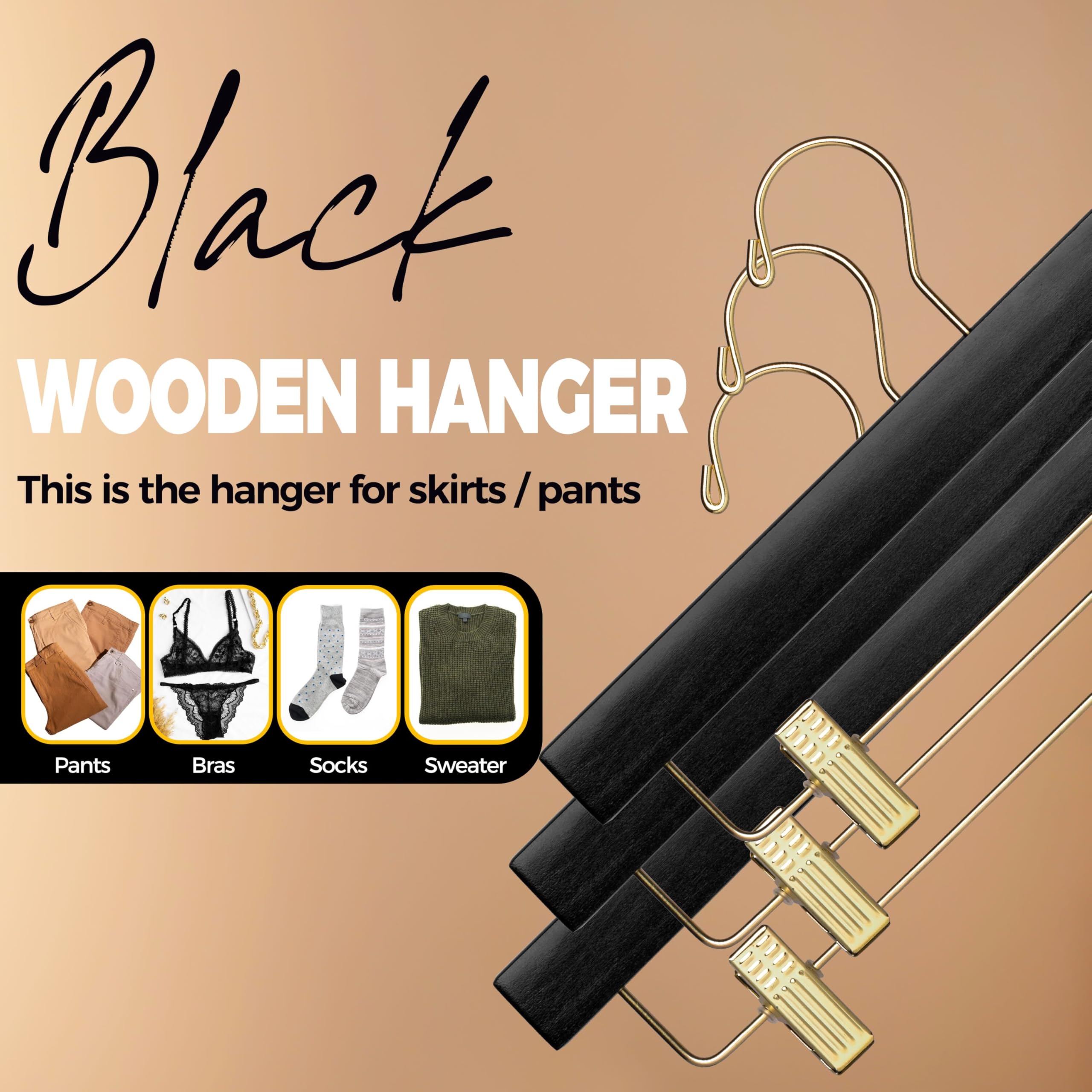 Quality Hangers Black Wooden Pants Hangers - 20-Pack Swivel Hook Cloth Hanger Set - Lotus Wood Skirt  Pant  Shorts and Slack Hangers with Adjustable Clip - Black Clothing Hanger (Gold Hook  20)