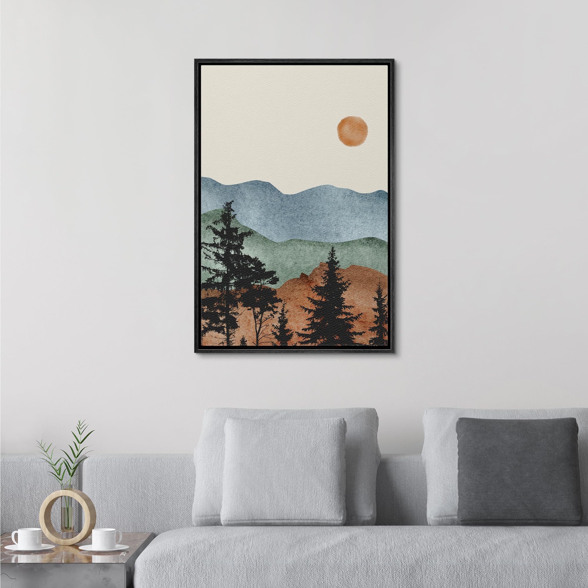 Signford Framed Canvas Print Wall Art Mountain Landscape With Trees And Setting Sun Nature Wilderness Illustrations Modern Art D