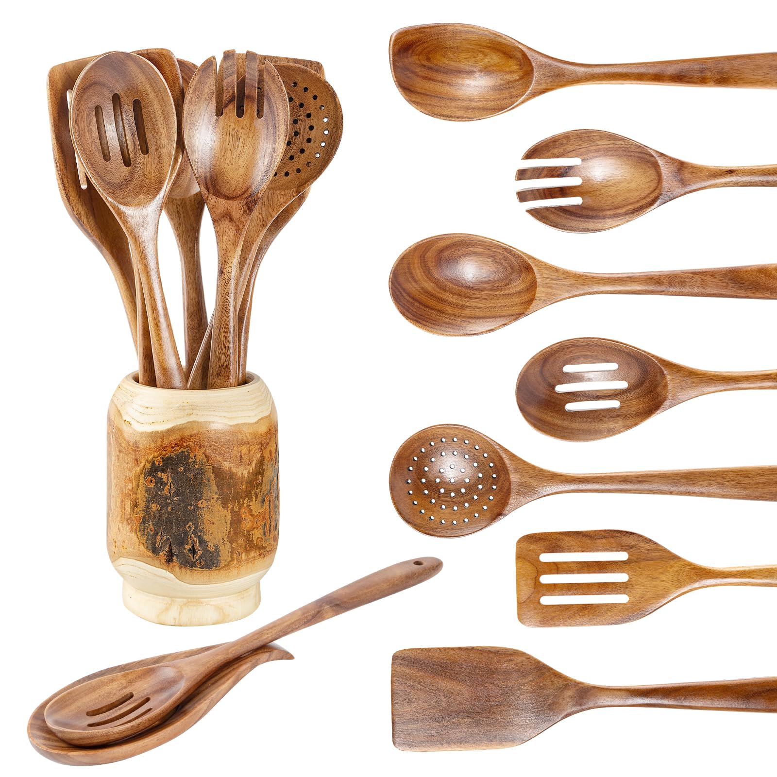 Gudamaye 13 inch Long Wooden Spoons for Cooking,Wooden Utensils for Cooking with Utensils Holder,9 PCES Wooden Kitchen Utensils 