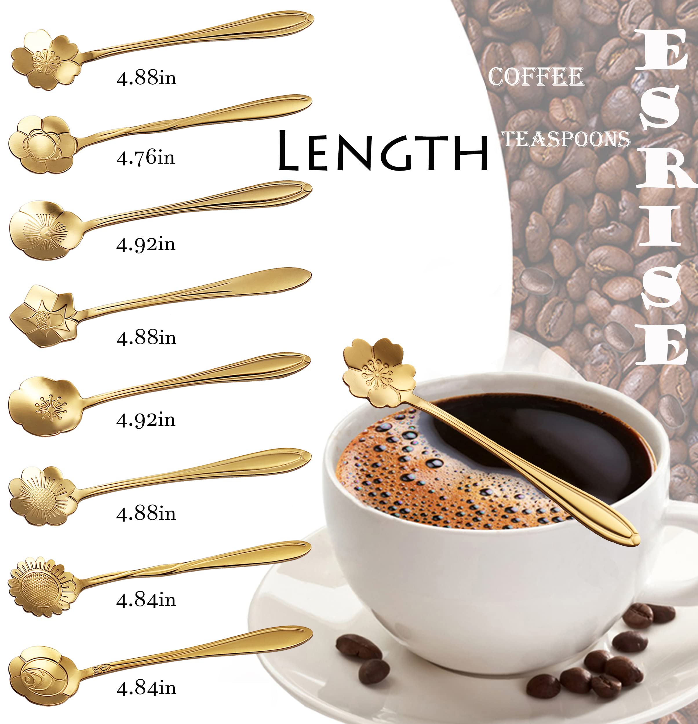 16 Pcs Teaspoon Gold Tea Spoons, Esrise Stainless Steel Coffee Dessert Spoon, Cute Demitasse Spoon For Drink Milkshake (Gold)