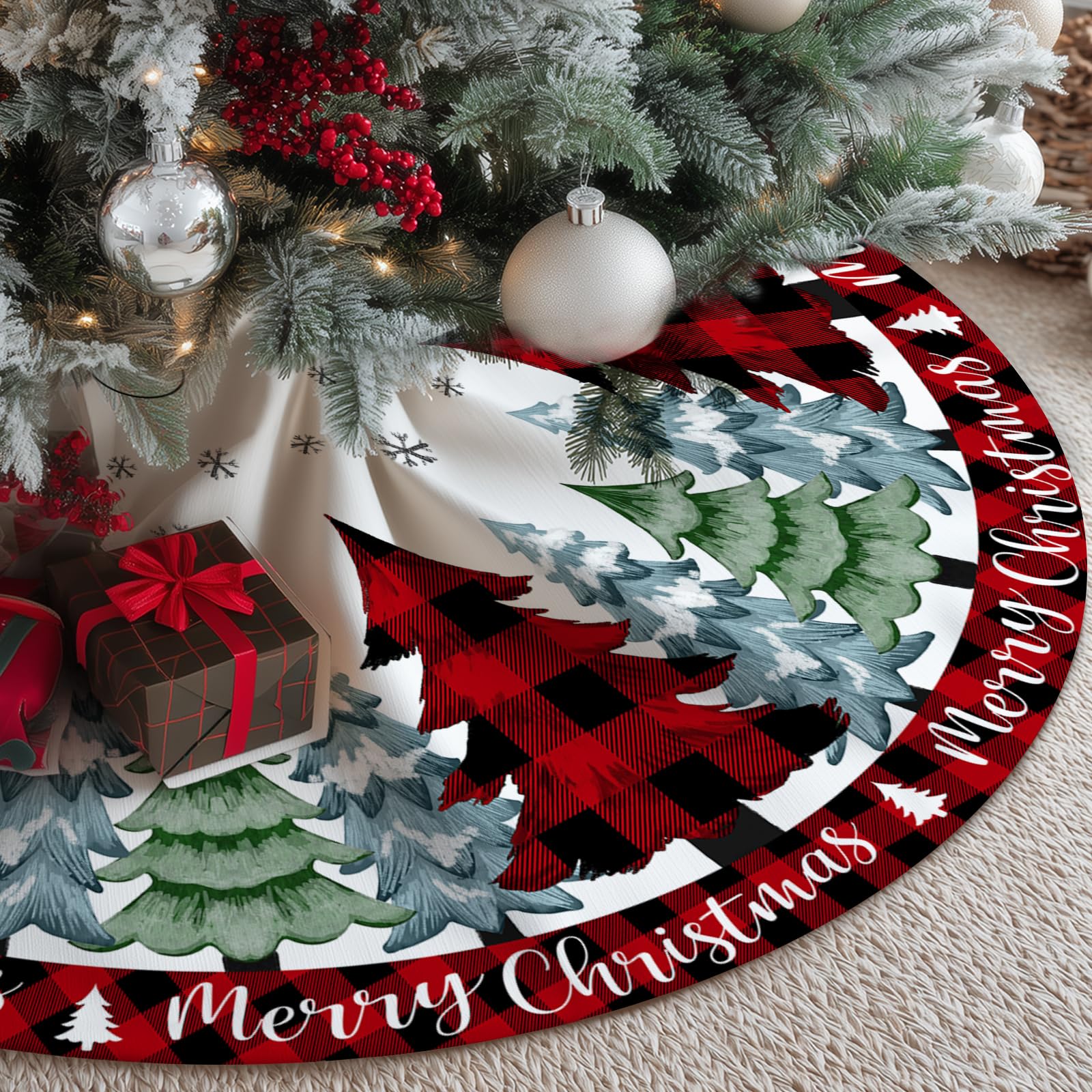 CROWNED BEAUTY Christmas Tree Skirt Collar 48 Inch Pine Trees Red Plaid Soft Farmhouse Holiday Decoration (Red Plaid) TS41