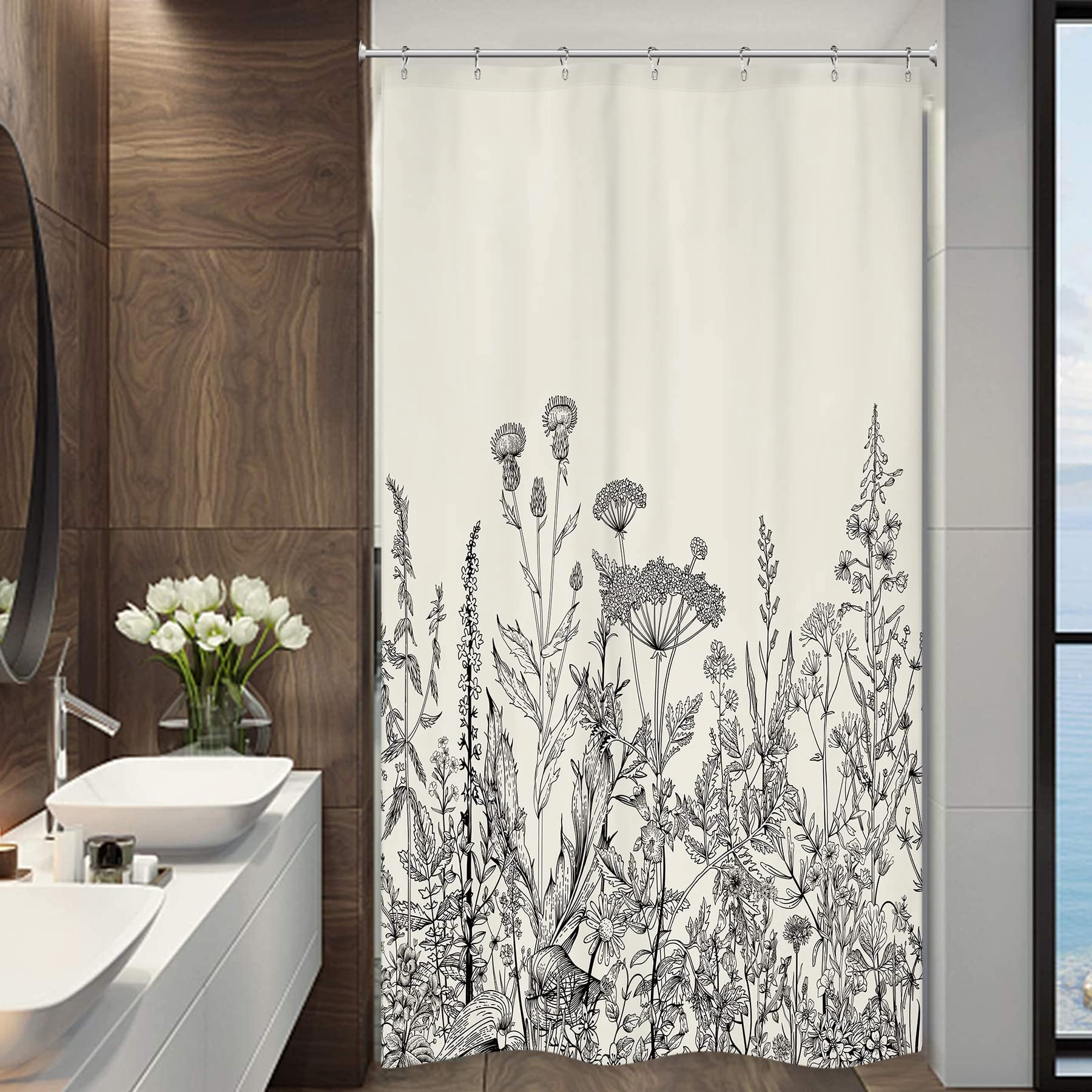Riyidecor Small Stall Wildflower Farmhouse Half Shower Curtain 36Wx72H Inch Narrow Single Botanical Flower Floral Herbs Bathroom