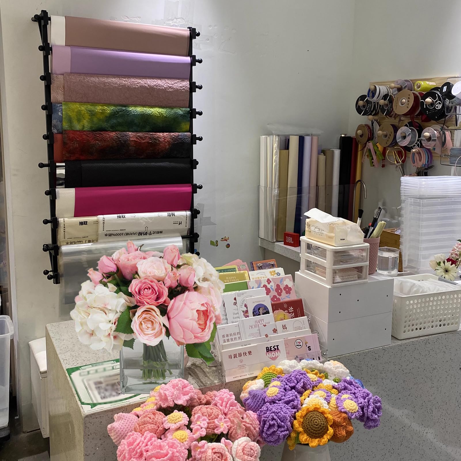 Fwtxzter Wall Mounted Display Rack, 10-Layer Wall Wrapping Paper Ribbon Organizer For Flower Shop, Tie Scarf Rack Belt Towel Hol