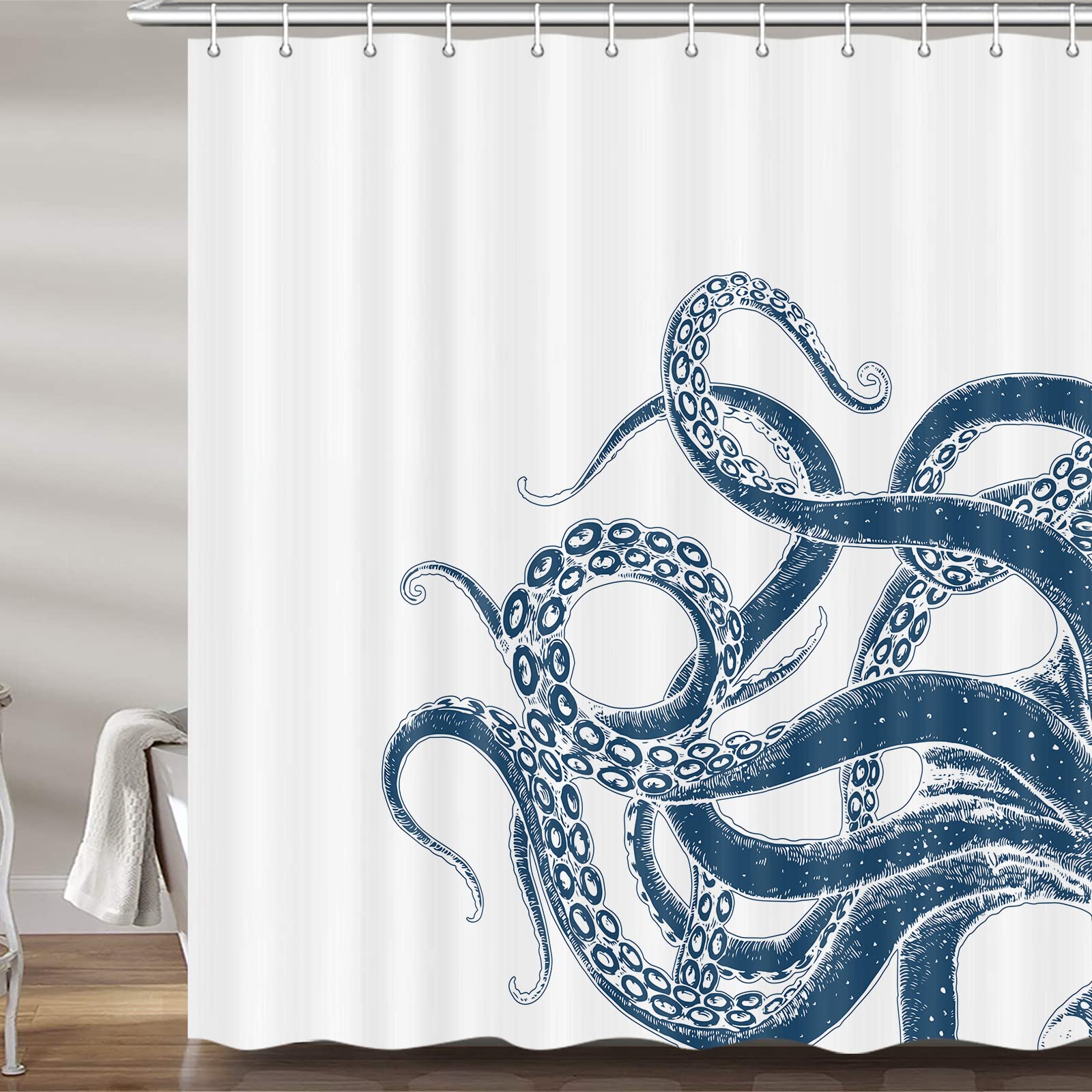 Veigike Octopus Decor Shower Curtain For Bathroom, Funny Blue And White Sea Monster Kraken Animal Fabric Shower Curtains Set, Un