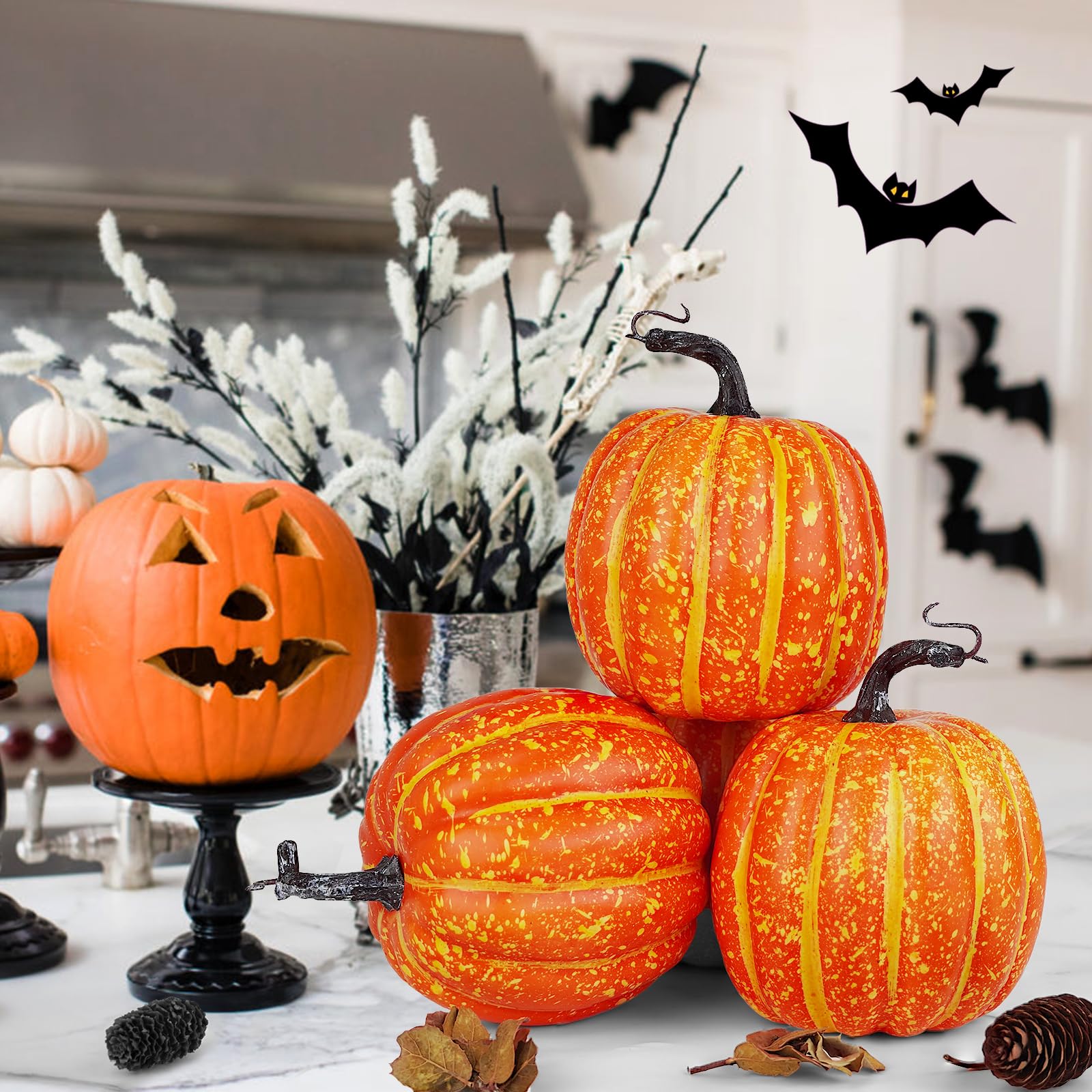 Artmag 6 Inch Large Artificial Pumpkins, 4PCS Big Orange Drawing Line Faux Foam Harvest Pumpkins for Fall Thanksgiving Holiday D