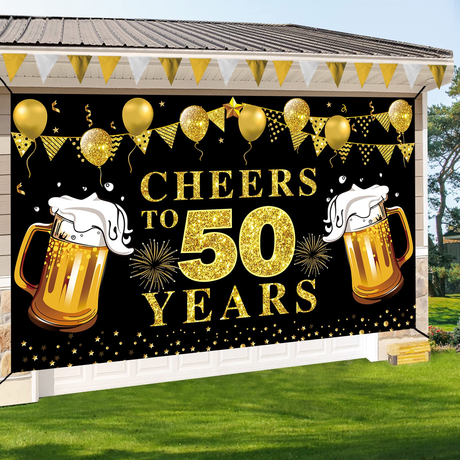 Lnlofen Cheers To 50 Years Banner Backdrop, Black Gold Happy 50Th Birthday Decorations, 50 Anniversary Banner Poster Sign Party