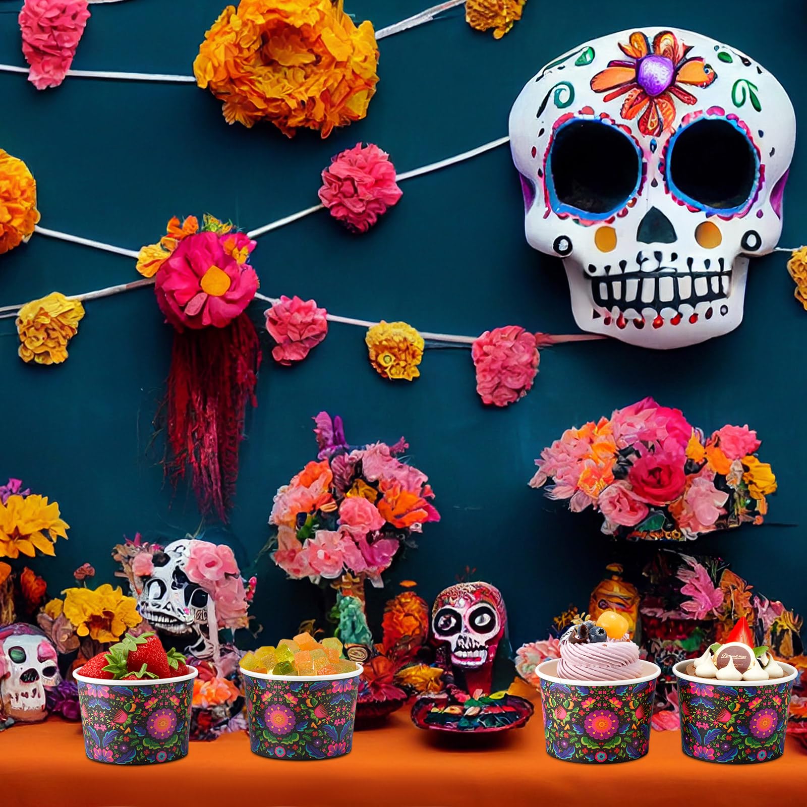 Zhehao 60 Pcs Mexican Halloween Paper Ice Cream Cups 9 oz Day of The Dead Disposable Dessert Bowls Snack Cups for Ice Cream Part