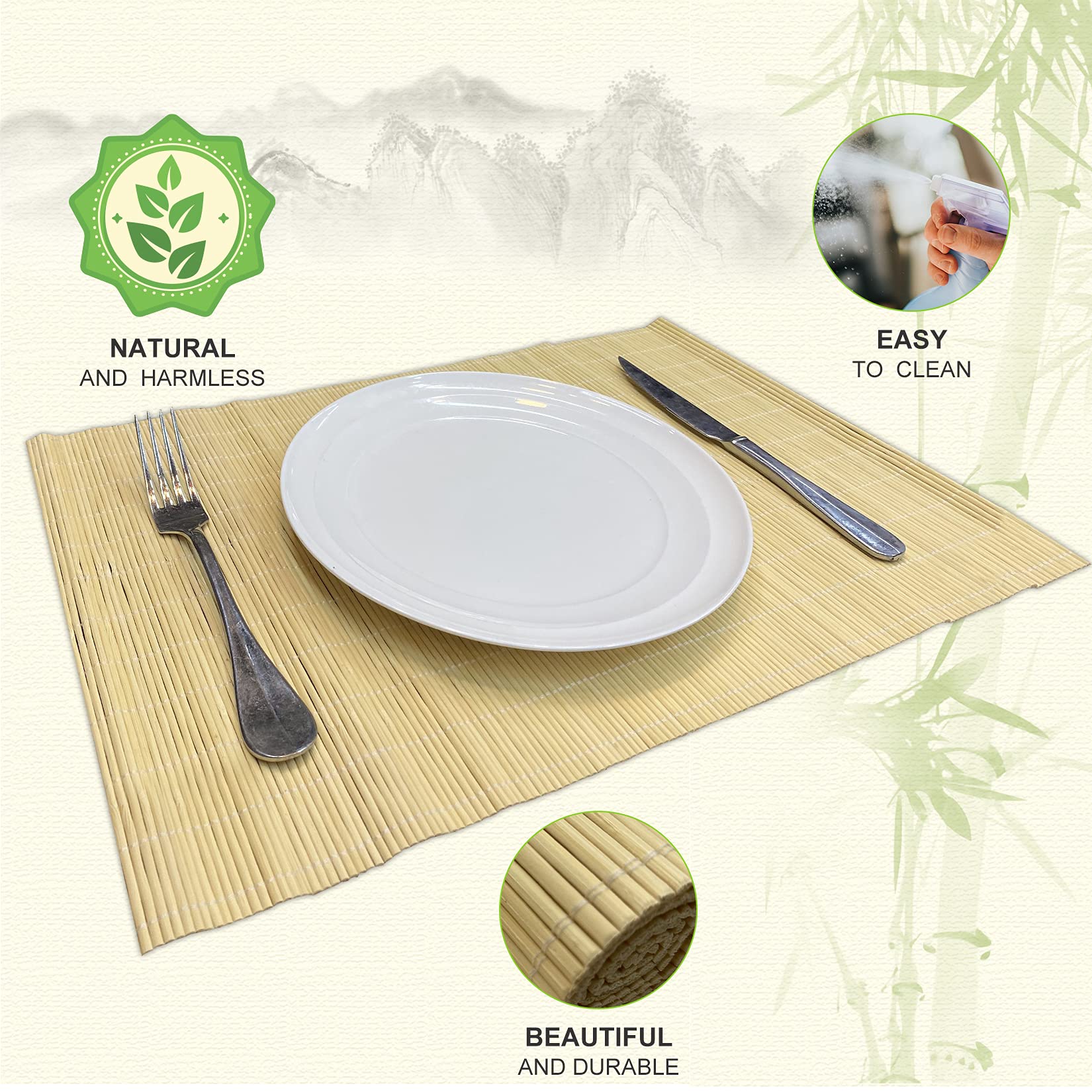 ANDSTAR Set of 8 Pcs Bamboo Placemats Sushi Rolling Mat Japanese Style Natural Anti-Slip Bamboo Placemats Washable Heat-Resistant Table Mats for Dining Room and Kitchen(Natural Color)
