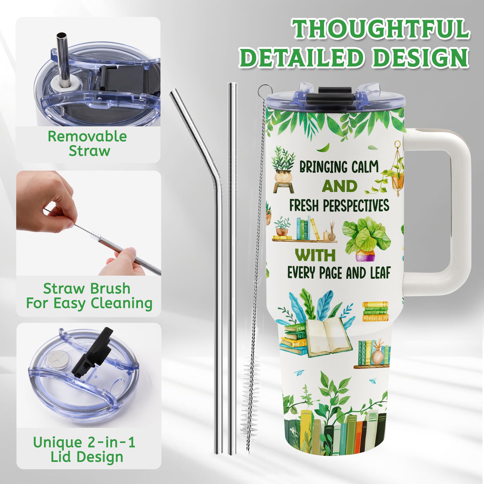 TNASURHUS Book Lover Gifts for Women, 40oz Library Tumbler with Handle and Straw, Gardening Gifts for Plant Lovers, Gardeners, T