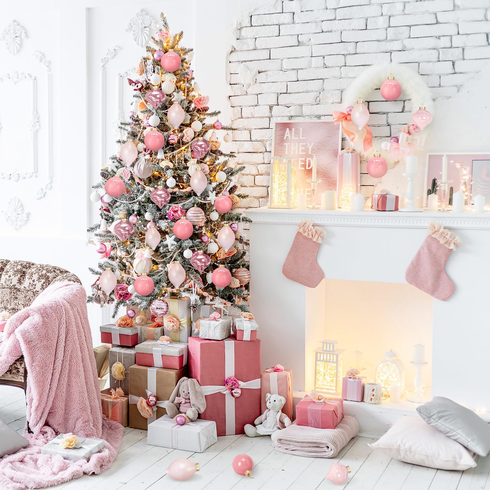 Zomiboo 12 Pcs Vintage Pink Glass Christmas Ball Ornaments Set 3.15 Hanging Shatterproof Glass Bulbs for Christmas Tree Baubles