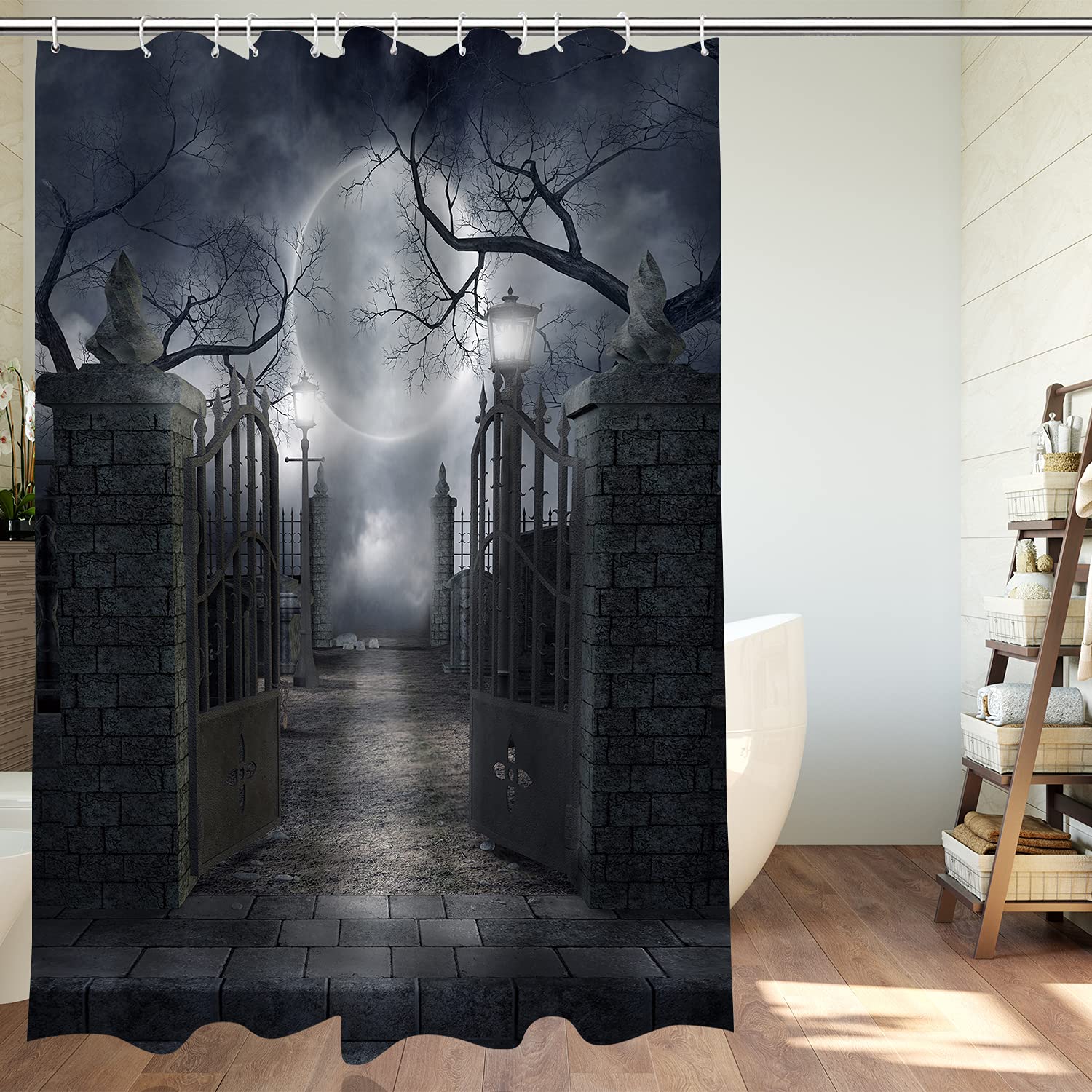Dephoto Halloween Shower Curtain For Bathroom Scary Night Courtyard Door Spooky Moon Horrifying Dead Tree Street Lamp Poliester