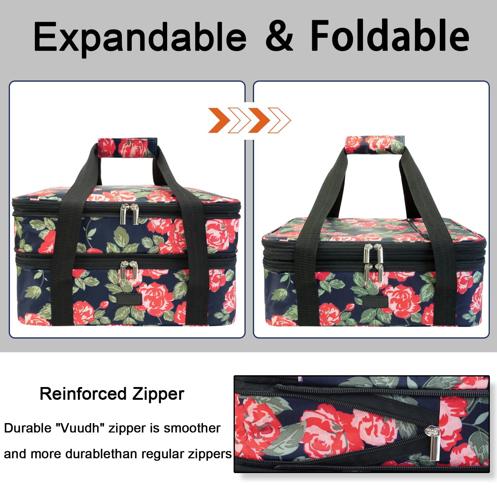 Vuudh Double Insulated Casserole Carrier - Expandable Thermal Food Carrier, Casserole Dish Carrier For Hot Or Cold Food, Foil Pa