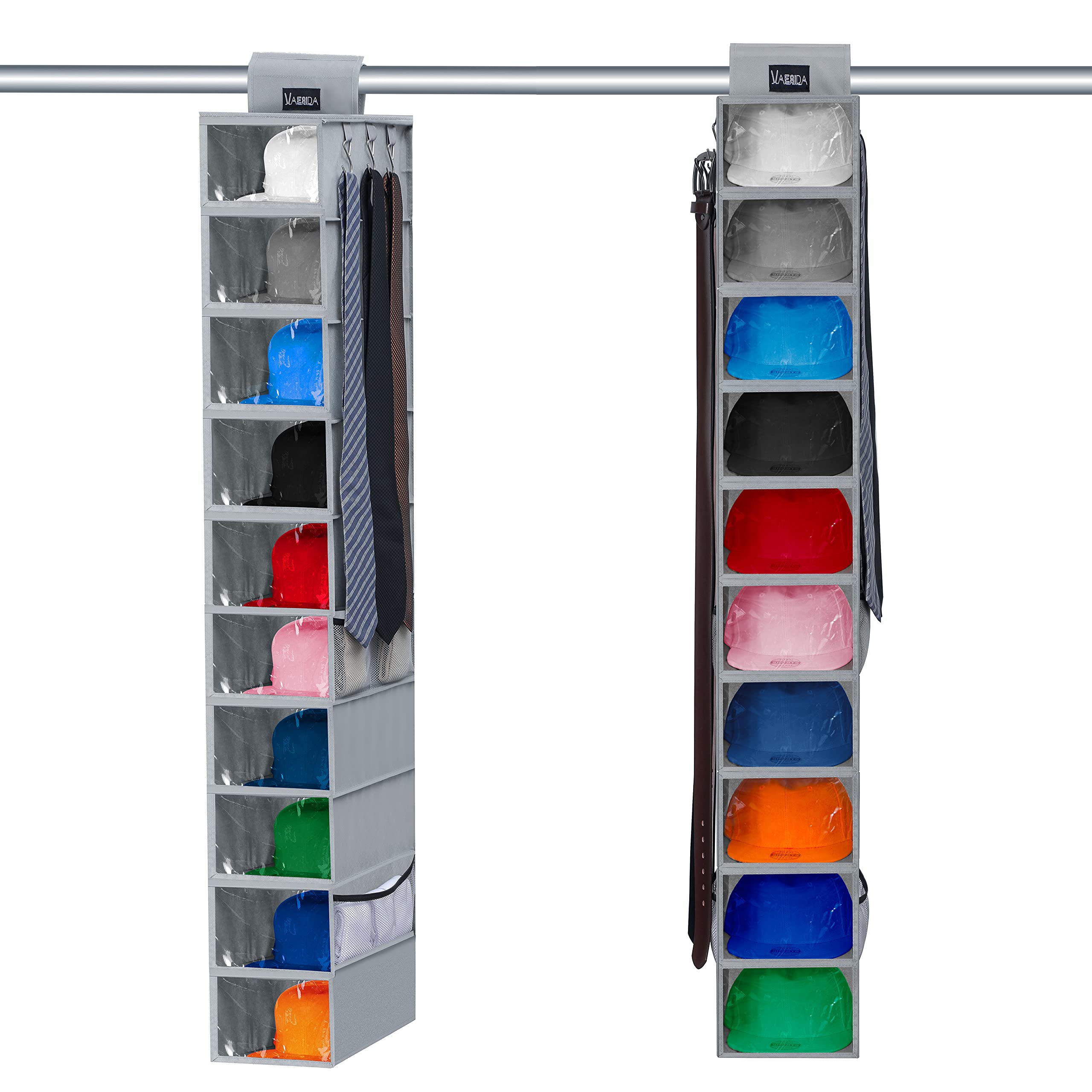 Vaesida Hat Rack - 10 Shelf Upgraded Version Hat Organizer For Closet With Dust Shield & Side Mesh Storage Pockets - Hat Holder