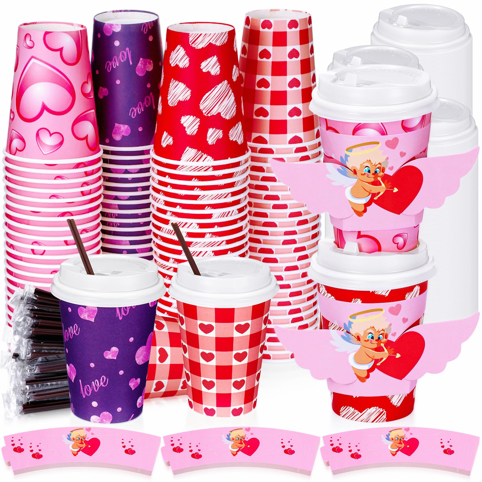 Lallisa 100 Sets Valentine'S Day Coffee Paper Cups Disposable With Lids Straws, Sleeve 12 Oz Holiday Lovely Love For Hot Cocoa T