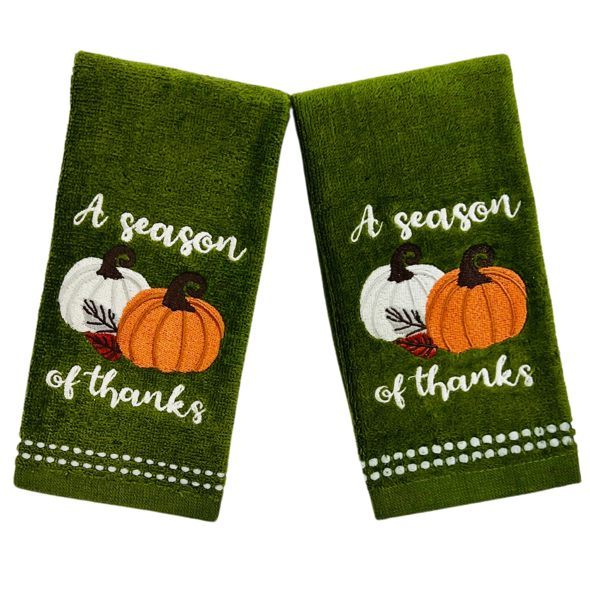 Serafina Home Autumn Fall Bath Fingertip Towels, Forest Olive Dark Green, 100% Cotton, Embroidered A Season Of Thanks Pumpkin De