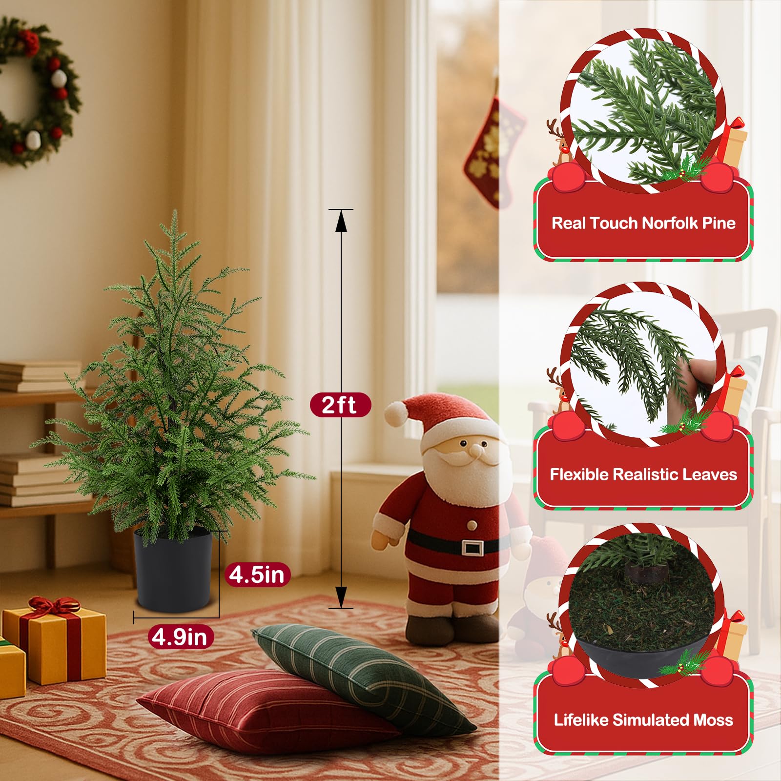 ENVEN 2FT Artificial Norfolk Pine Christmas Tree - Tabletop Faux Tree Unlit/Prelit with 50 LED Lights & 8-Function Battery Box,
