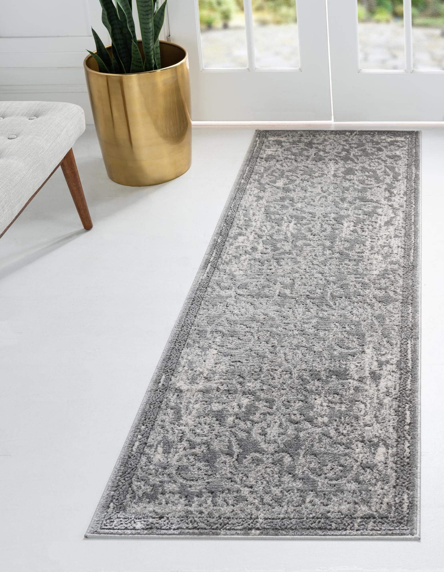 Rugs.com Oregon Collection Rug - 12 Ft Runner Gray Low-Pile Rug Perfect for Hallways, Entryways