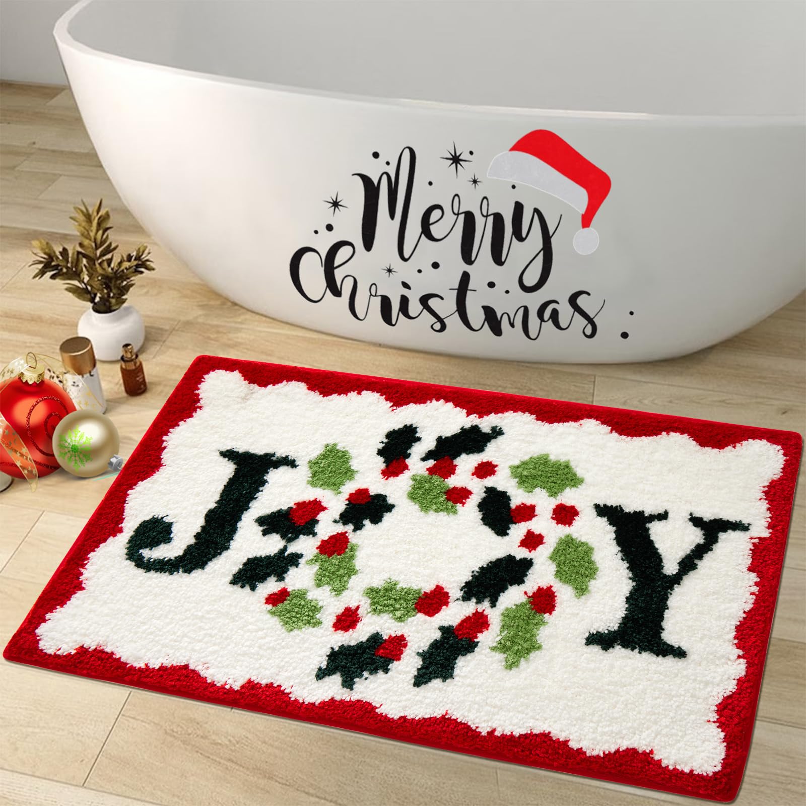 Baccessor Christmas Bath Rugs Mat For Bathroom, Cute Joy Plush Non Slip Water Absorbent Washable Red Green Bathroom Rugs Mats Fo