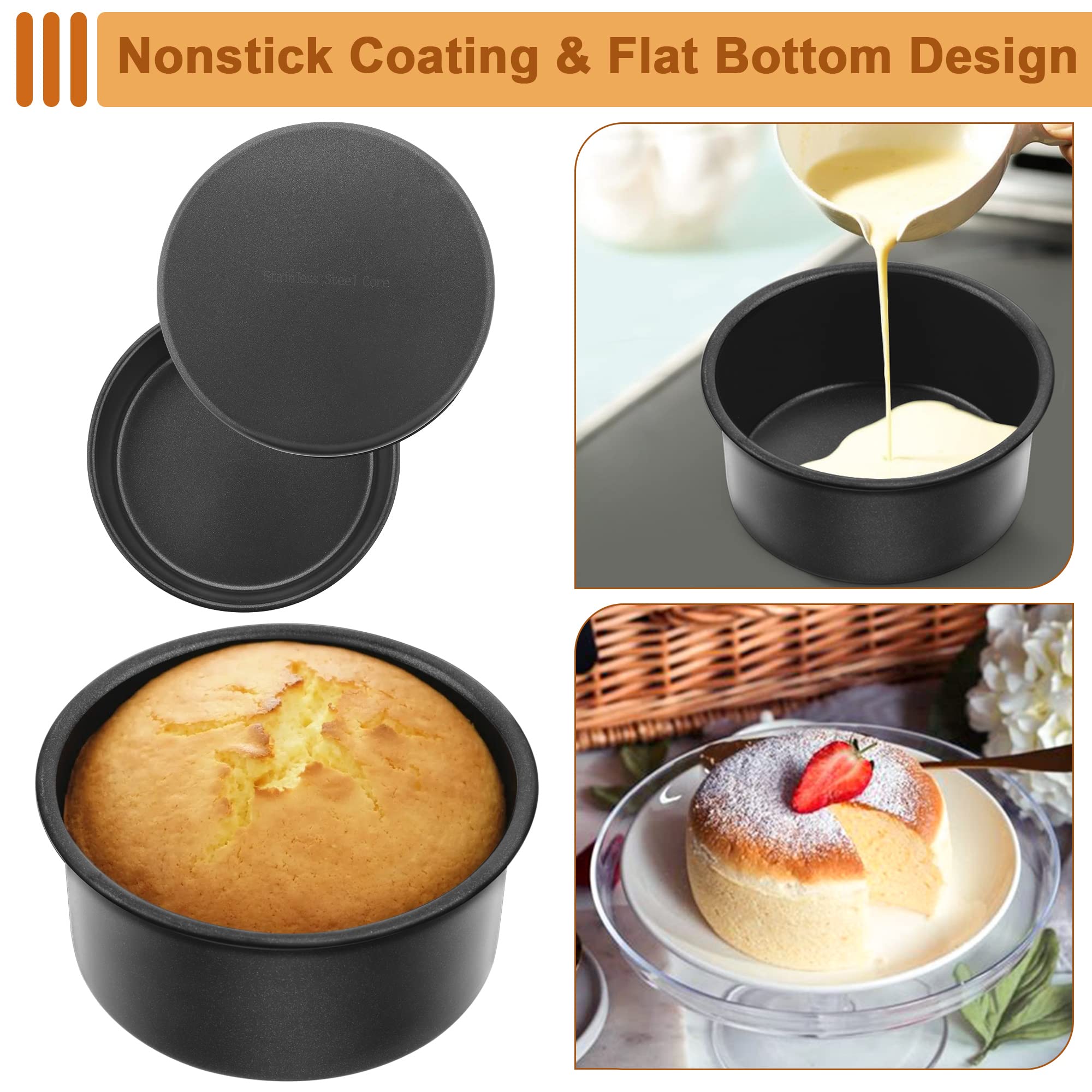 E-Far 4 Inch Cake Pan, 4-Piece Nonstick Round Cake Baking Pans For Wedding, Birthday, Layer Cake, Stainless Steel Core & Non-Tox