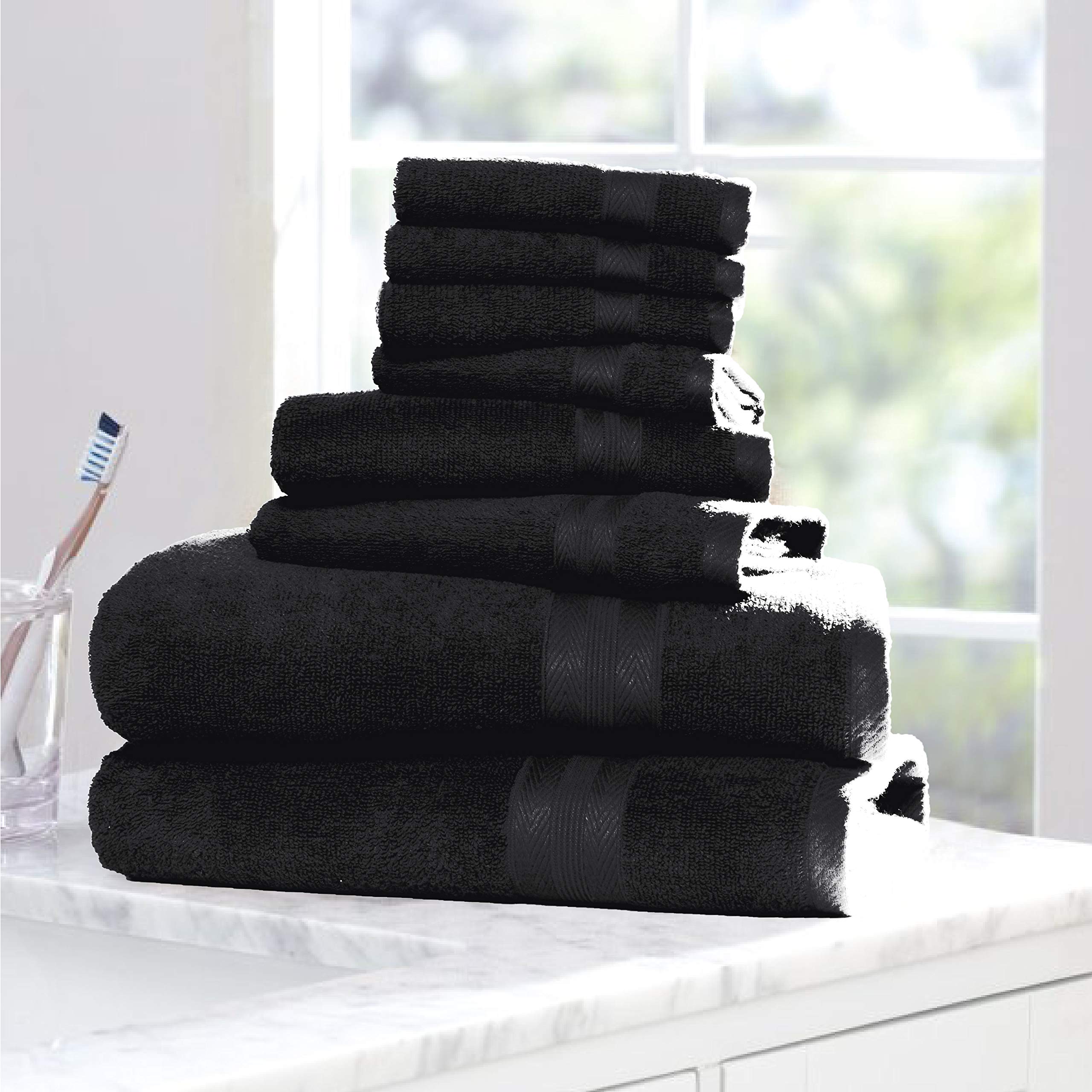 BOUTIQUO Black Towel Set - 8 Piece Bathroom Towel Set - 100% Ring Spun Cotton  2 Bath Towel 27x54  2 Hand Towel 16x28 and 4 Washcloth 13x13 - Ultra Soft Highly Absorbent Towel Set - Black