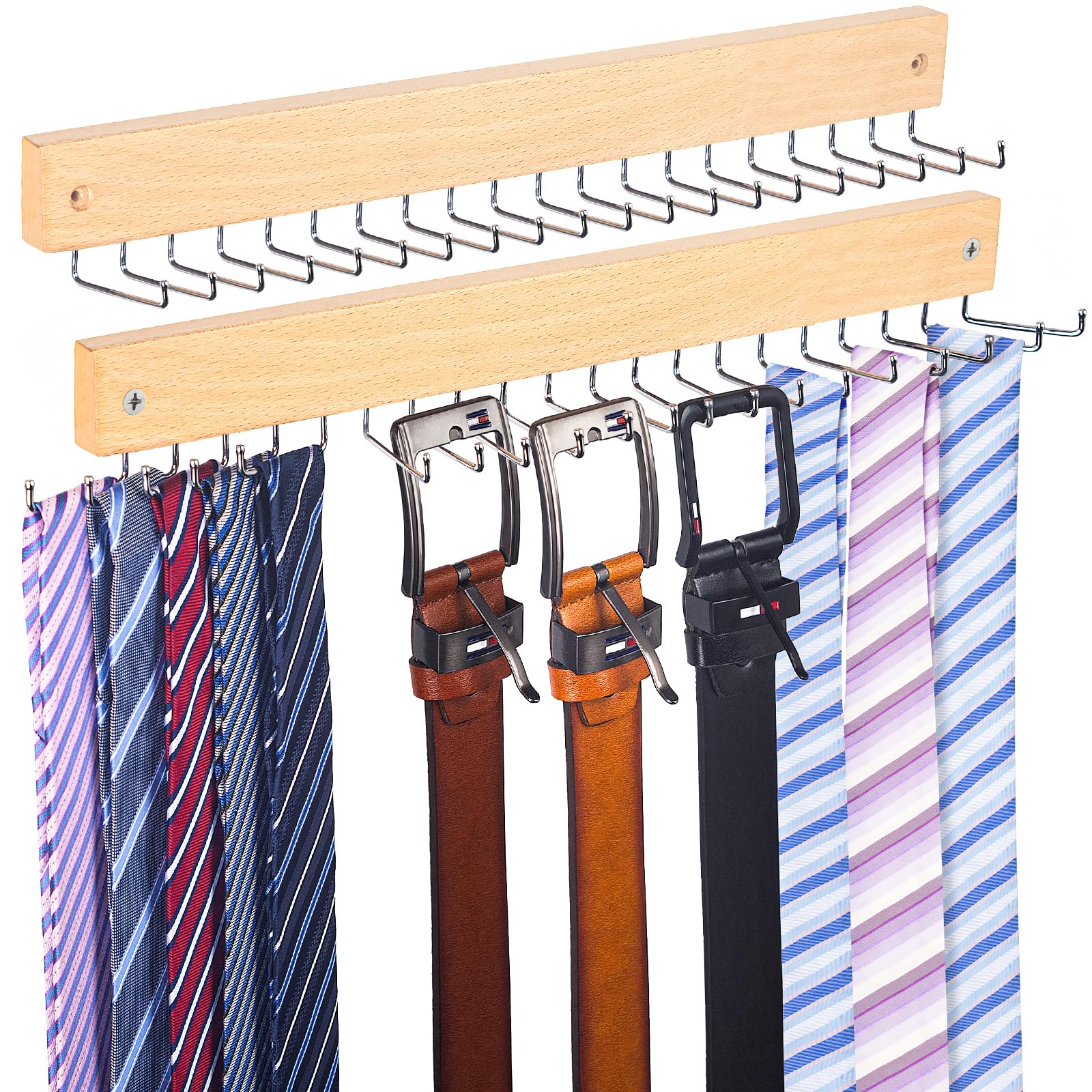 Tie Rack Wall Mounted, Natrual Wood Tie Organizer Holds 20 Ties/Belt/Purse, Tie And Belt Organizer W/ 360 Roatable Hooks,Screw N
