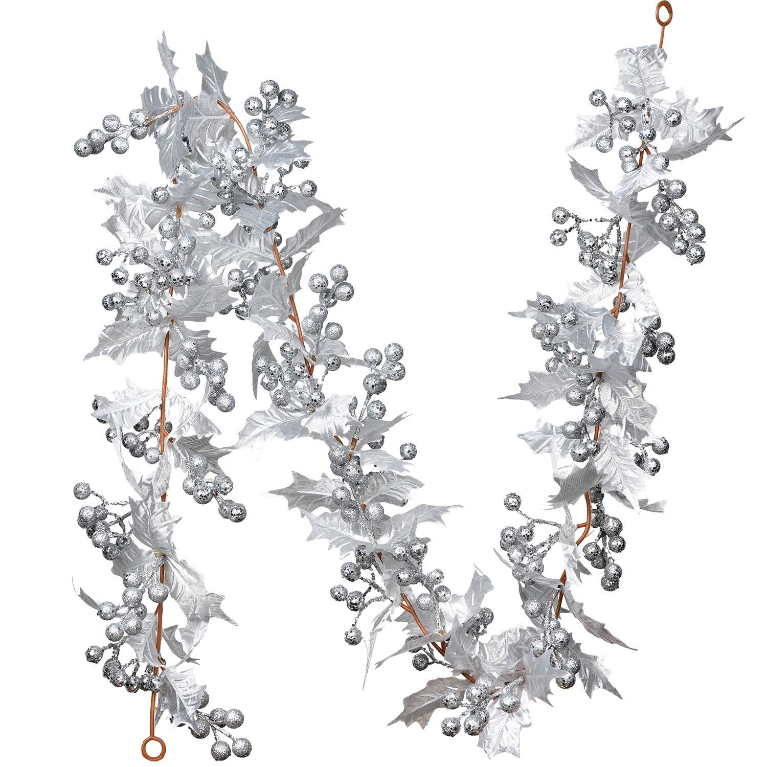 Lvydec Artificial Berry Garland Christmas Decoration - 6ft Silver Garland with Glitter Berries and Holly Leaves for Holiday Fire