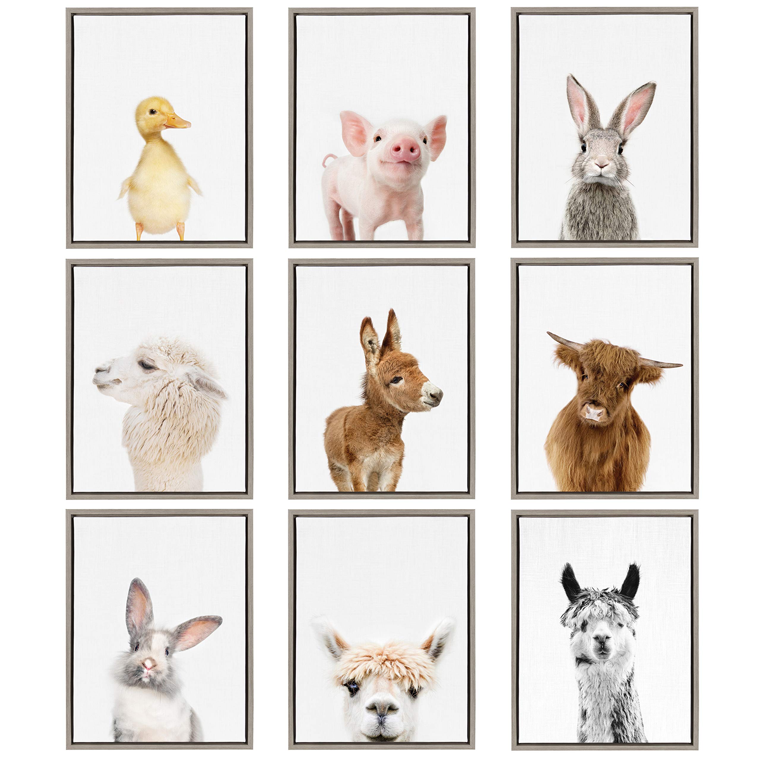 Kate and Laurel Sylvie Alpaca Bangs Animal Print Portrait Framed Canvas Wall Art by Amy Peterson  18x24 Gray