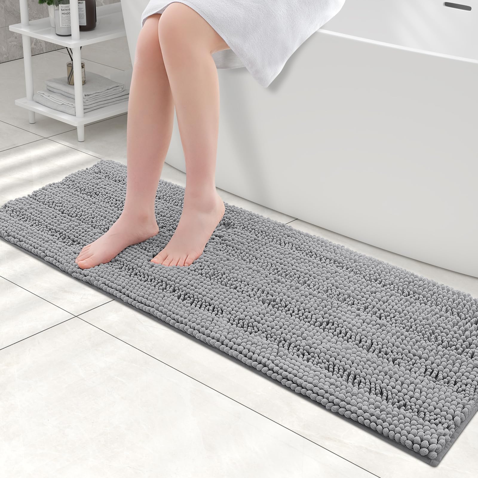 Grandaily Striped Bathroom Rug Mat  Extra Thick and Absorbent Bath Rugs  Non-Slip Soft Plush Shaggy Bath Carpet  Machine Wash Dry  Bath Mats for Bathroom  47x17  Dark Gray