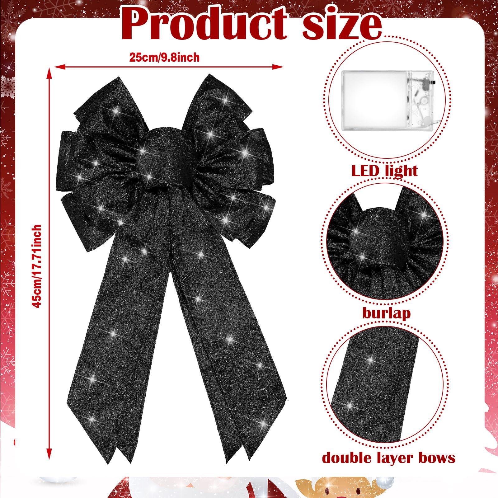 Giegxin 2 Pcs Large Black Lighted Christmas Bows with Lights for Wreath and Tree Topper, 18x10 Inch Pre Lit Black Wreath Bow Lig