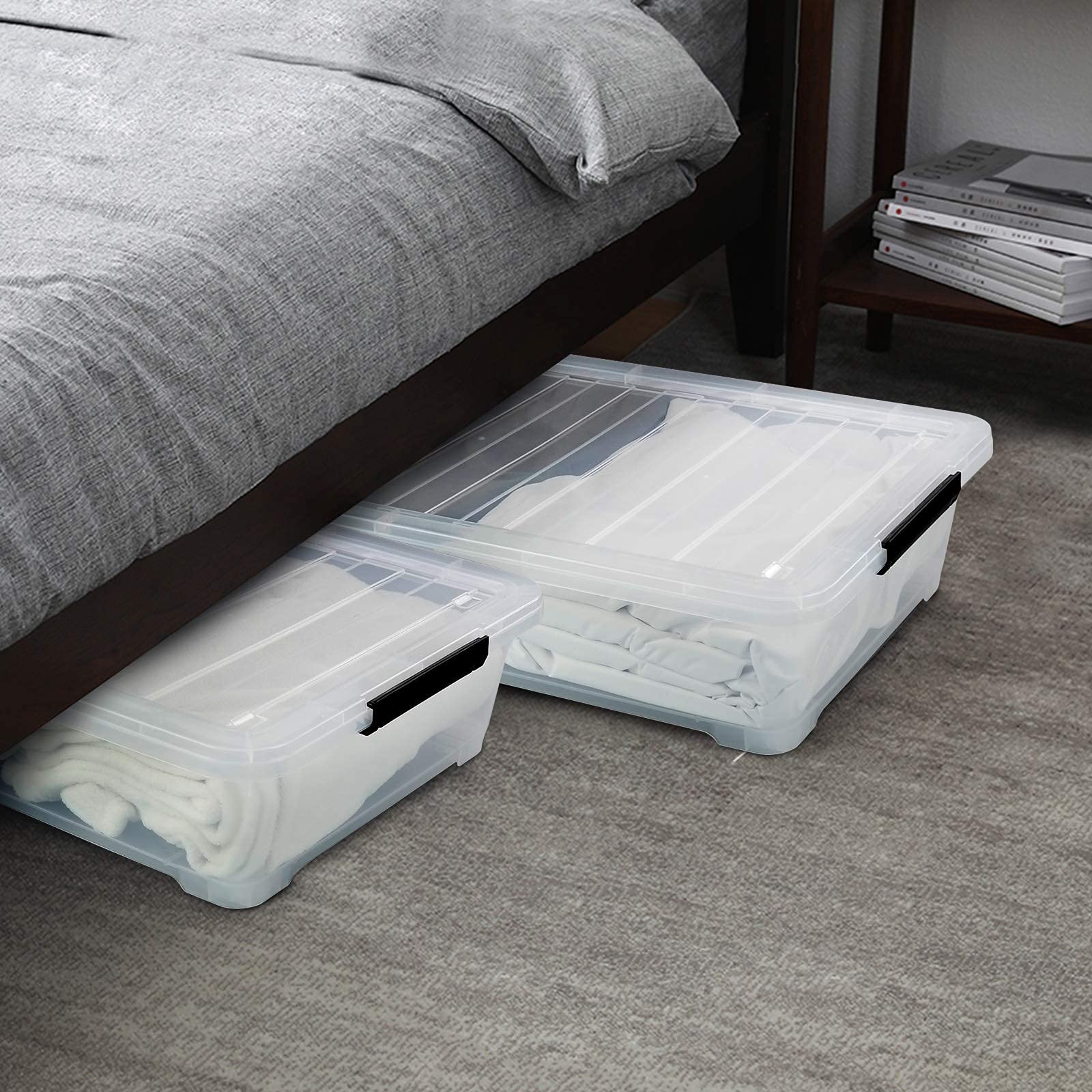 Hommp 3-Pack Plastic Under Bed Storage Box Container, 40 Quart Clear Stackable Storage Box Wheeled Latching Box