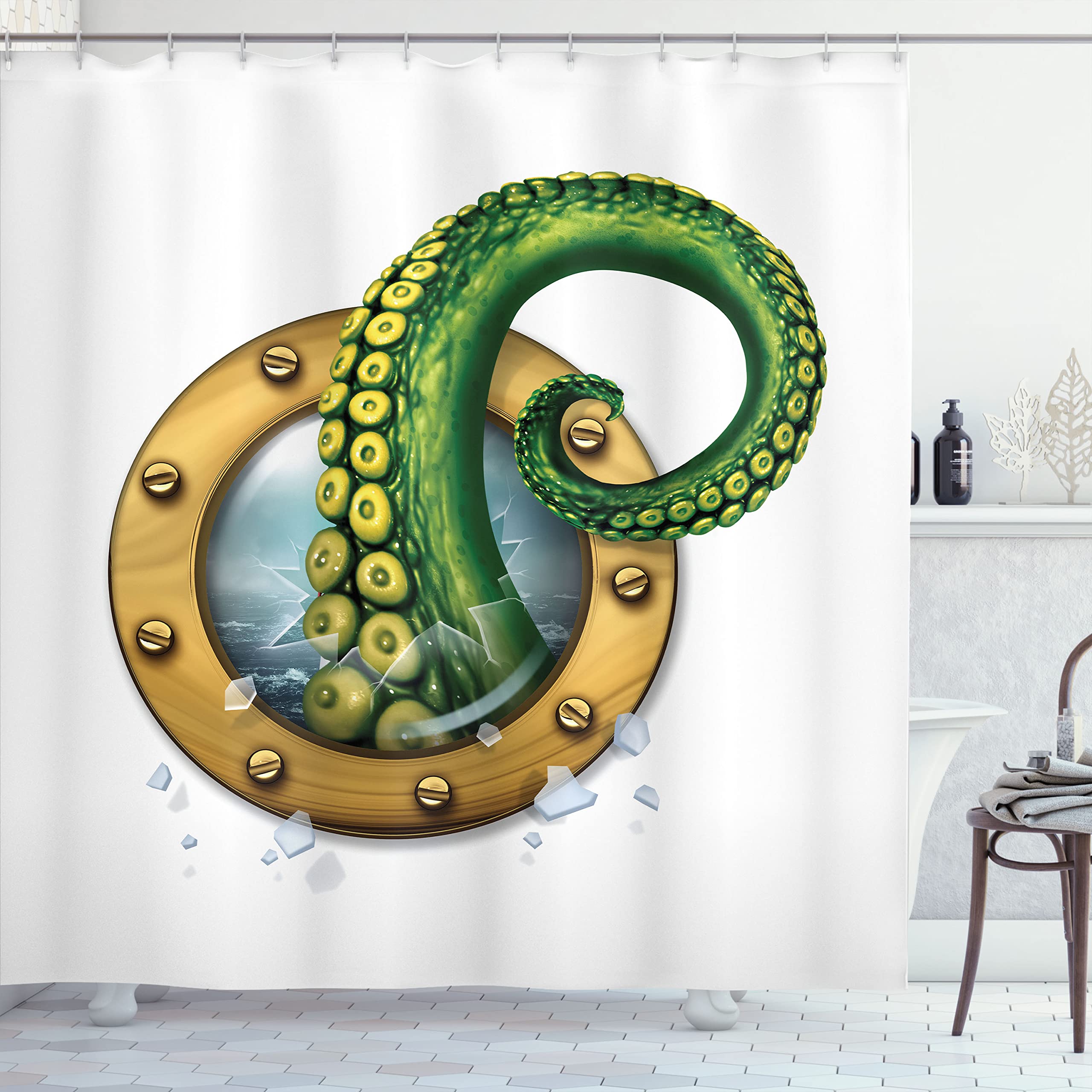 Ambesonne Octopus Shower Curtain, Ship Porthole Tentacles, Cloth Fabric Bathroom Decor Set With Hooks, 69'' W X 70'' L, Fern Bro