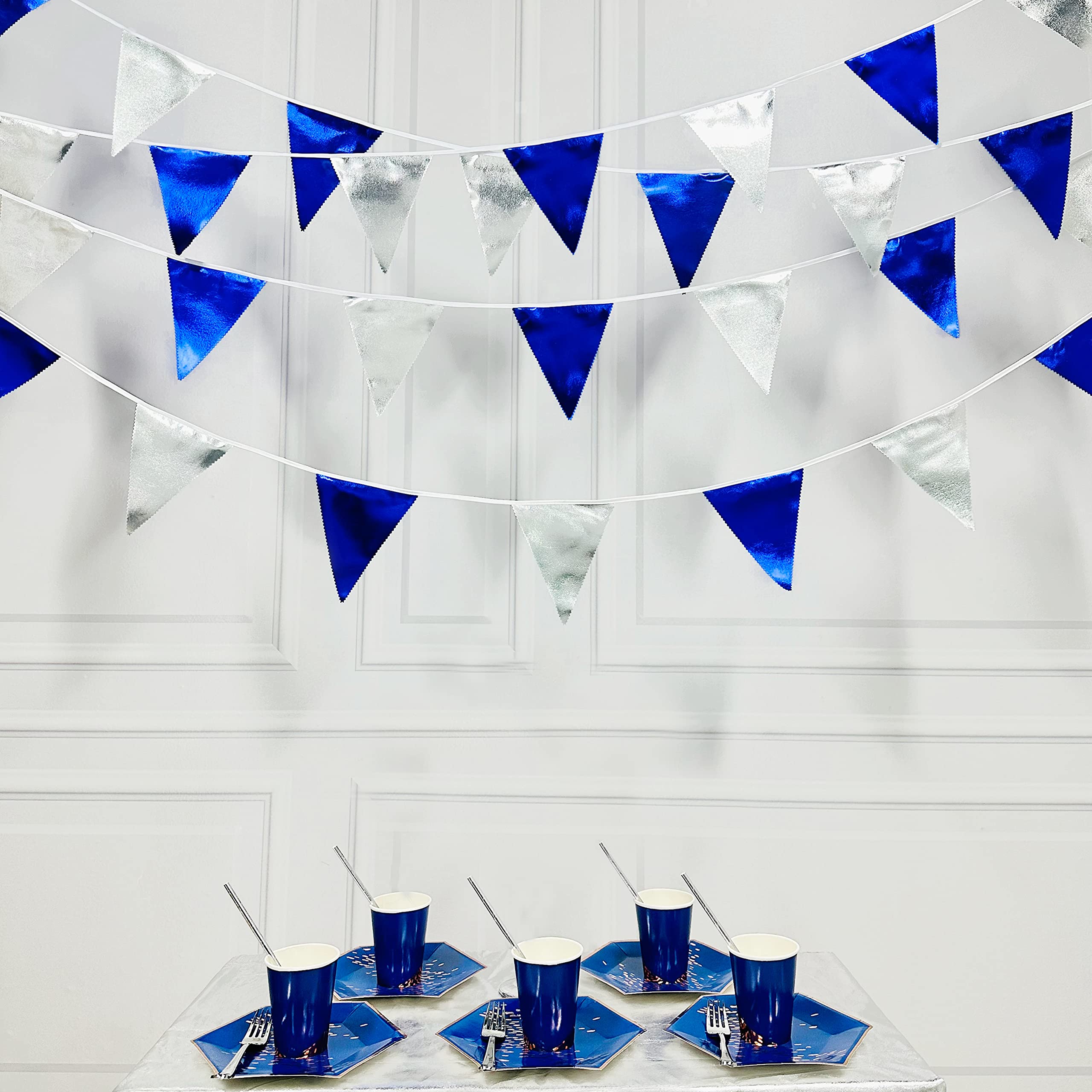 Royal Blue Silver Party Decorations Navy Blue Triangle Pennant Banner Flag Metallic Fabric Bunting Garland For Birthday Graduati