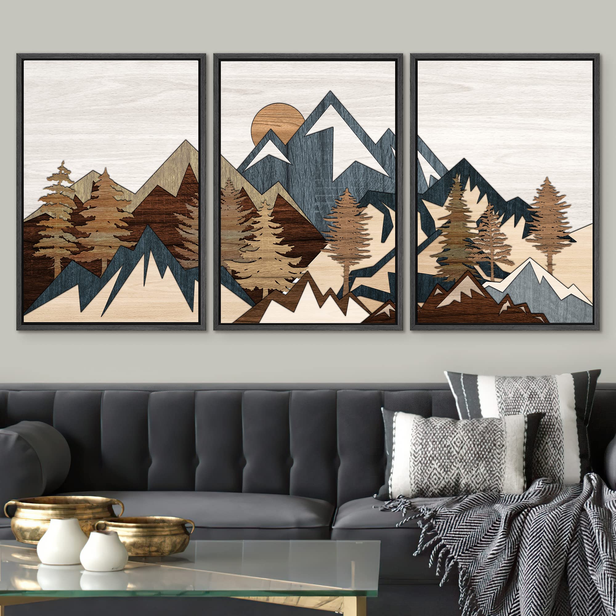 Signwin Framed Canvas Print Wall Art Set Country Woodcut Style Mountain Forest Nature Wilderness Illustrations Modern Art Decora