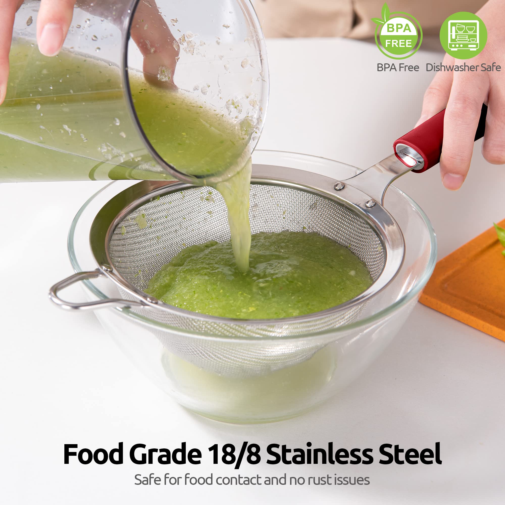 18/8 Stainless Steel Mesh Strainer: U-Taste 5.5 Inch Kitchen Fine Mesh Sieve Food Colander With Riveted Sturdy Silicone Handle A