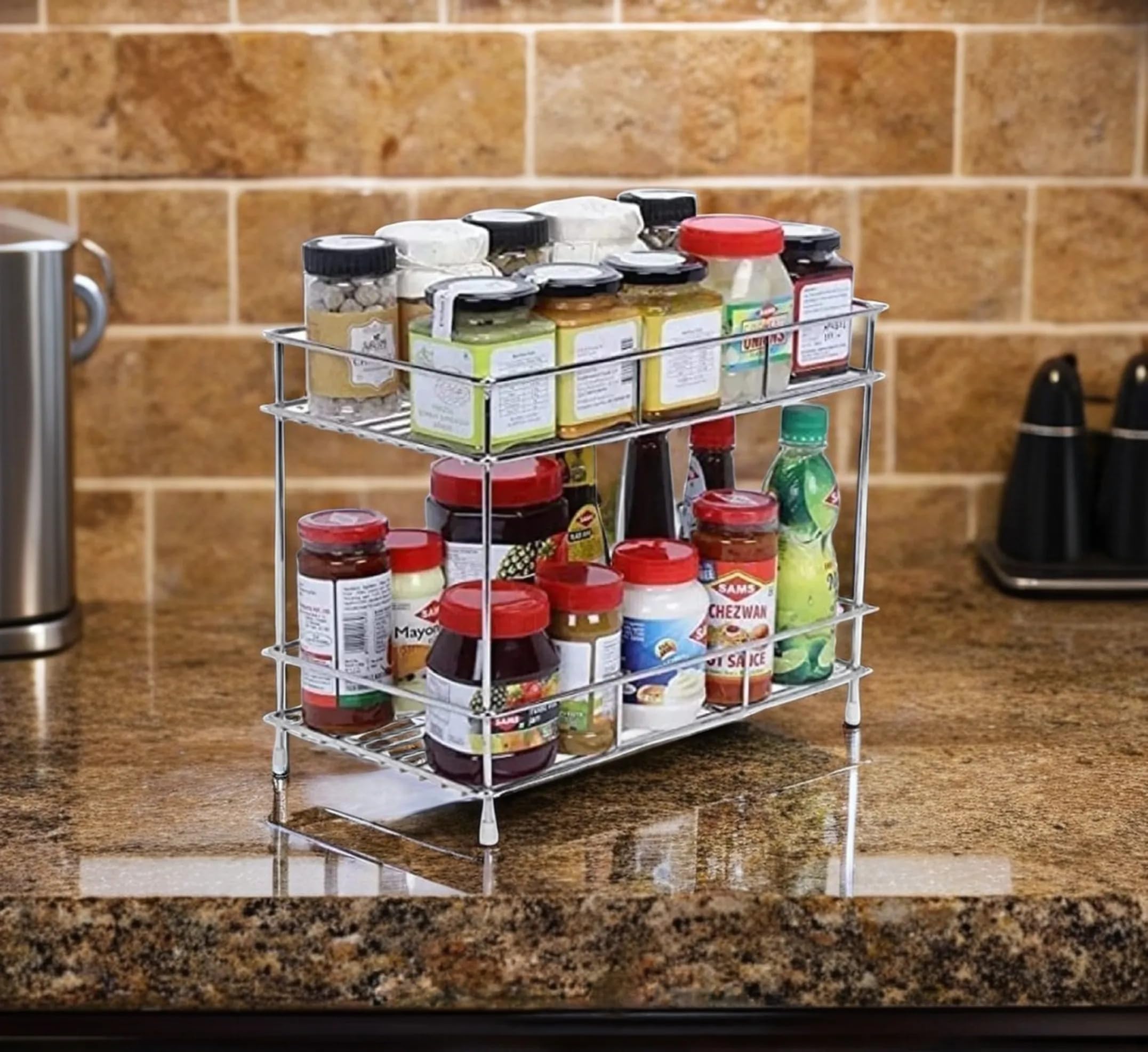 Palomino Stainless Steel 2Tier Spice Rack For Kitchen Trolley Basket, Storage Racks & Shelves, Space Saver, 2.0 Rack (Silver, T