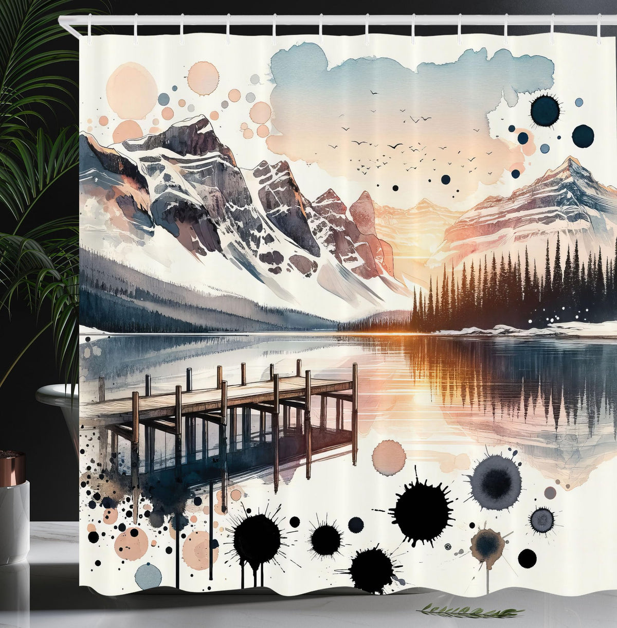 Ambesonne Lake Shower Curtain, Surreal Mountain Landscape Illustration Abstract Paint Splatter Blots, Cloth Fabric Bathroom Deco
