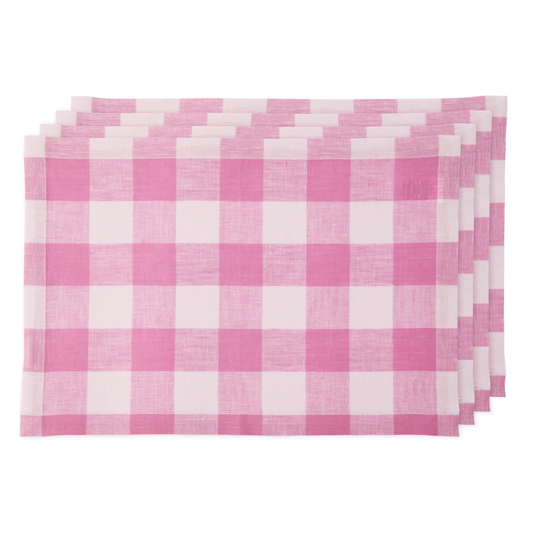 Solino Home Buffalo Check Linen Placemats Set of 4 - 100% Pure Linen Pink Begonia Plaid Placemats 19  L x 14  W Inch - Machine W