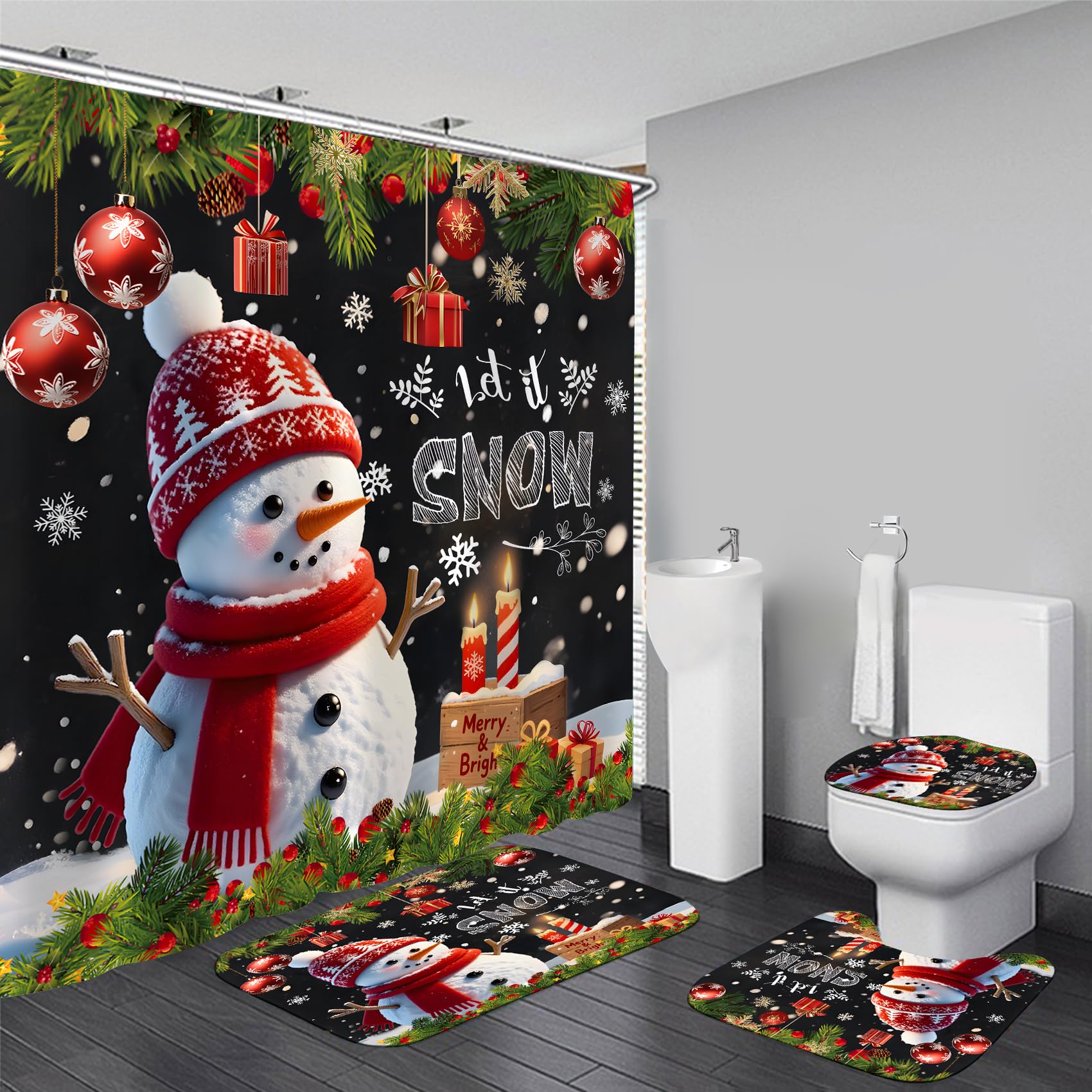 Azhm 4Pcs Christmas Snowman Shower Curtain Set Winter Snowman Snowflake Red Xmas Balls Bathroom Curtain Sets With Rugs Happy New