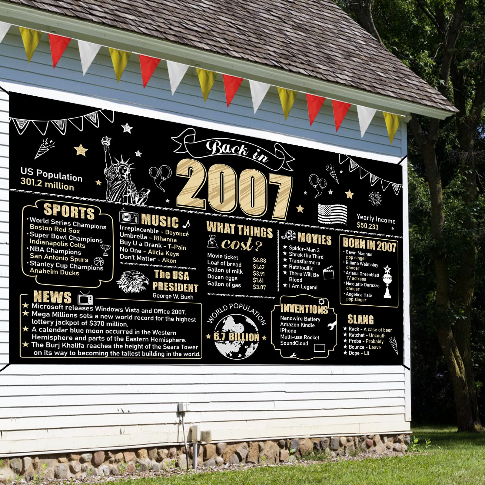 Large 18th Birthday Back in 2007 Banner Backdrop Decorations for Boys Girls, Black Gold 18 Birthday Poster Sign Party Supplies,
