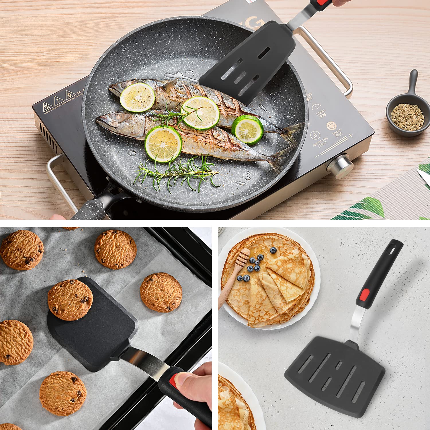 Hotec Silicone Spatula Turner For Nonstick Cookware, Cooking Spatula 600F Heat Resistant Large Flexible Rubber Spatula Set Of 3,