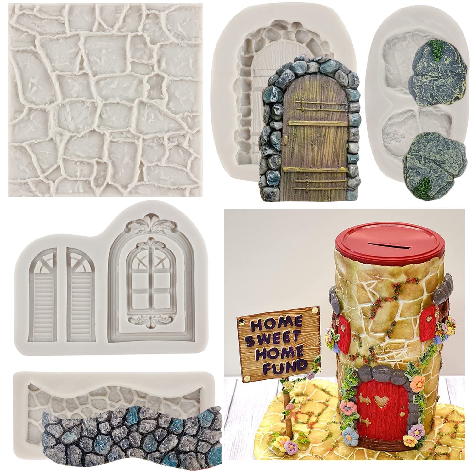 Sijiangmold Enchanted Fairy Garden Fairy Gnome Home Door Silicone Mold Stone Path Fondant Mold Brick Wall Texture Mold For Cake