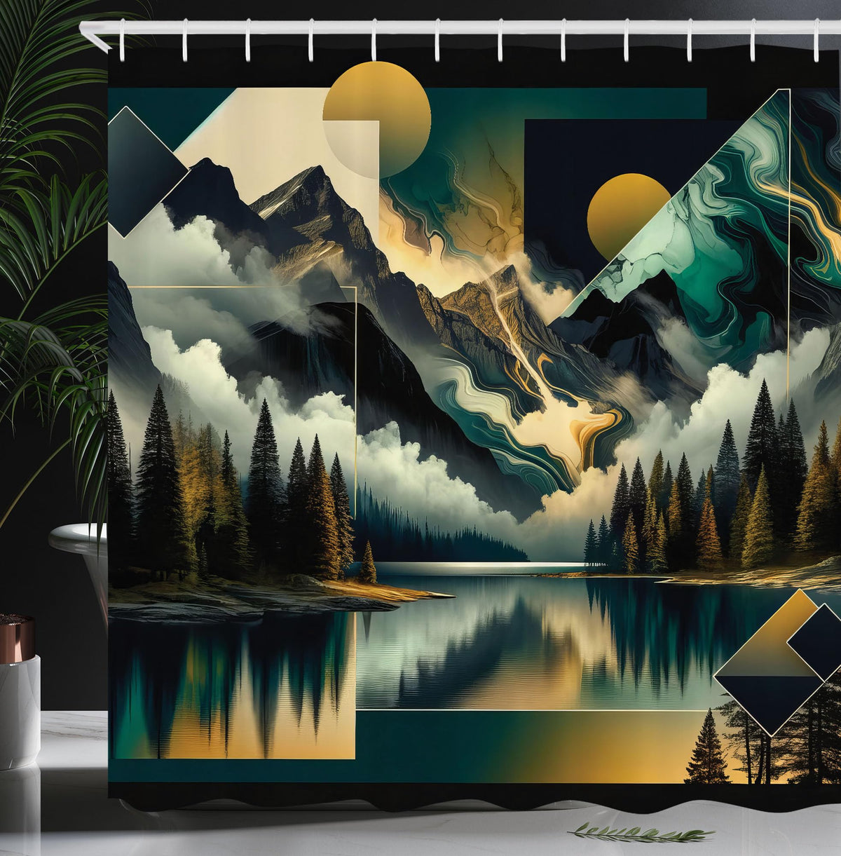 Ambesonne Lake Shower Curtain, Mysterious Scene Of Cloudy Mountains And Pine Trees With Geometric Rounds, Cloth Fabric Bathroom