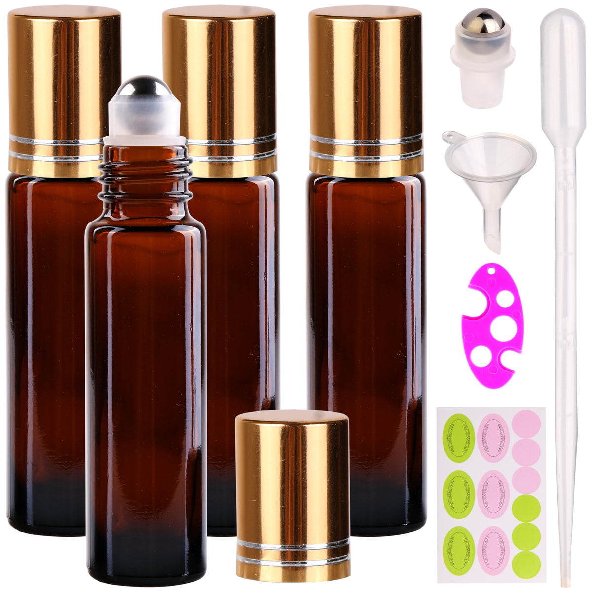 Inice 4 Pack Essential Oil Roller Bottles 10Ml Amber Glass Rollerball Bottle With Stainless Steel Roller Ball Alloy Cap For Dail
